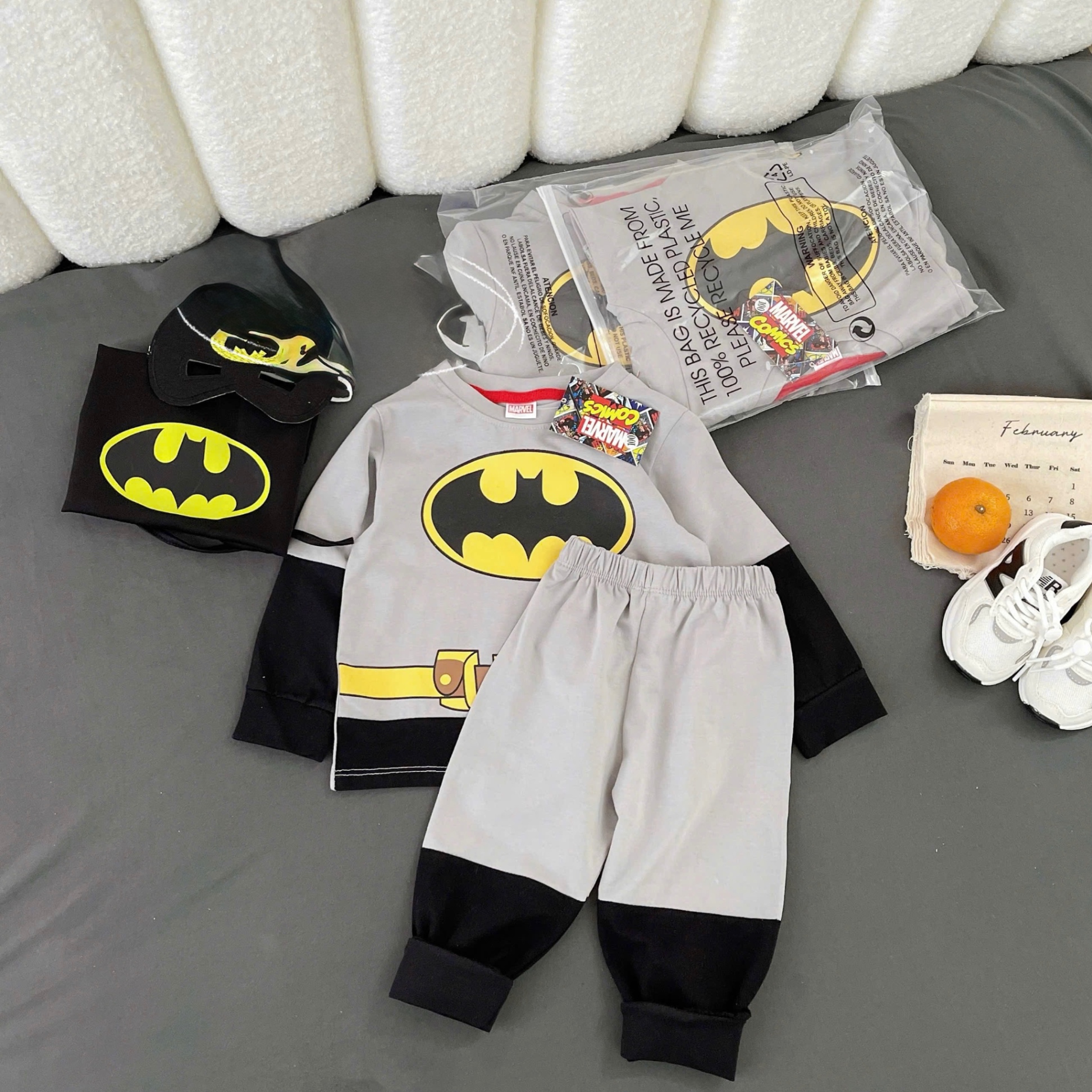 T899 - SET BÉ TRAI 4CT DÀI TAY BATMAN XÁM TAY ĐEN KÈM CHOÀNG
