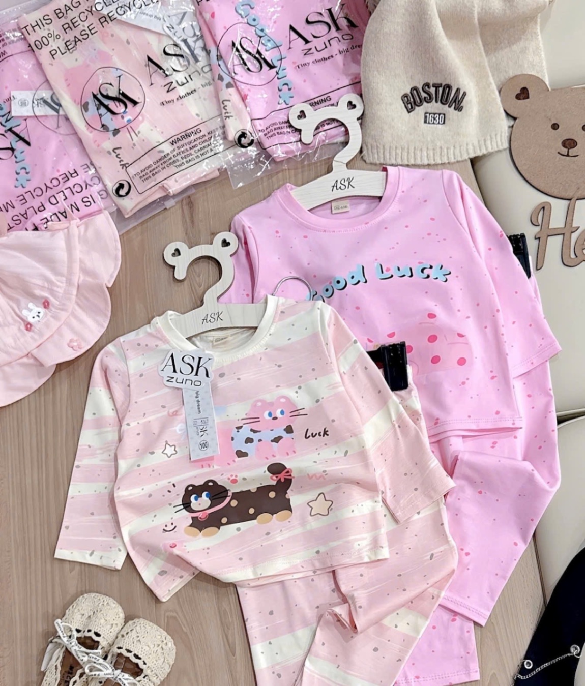 G739 - SET 2 BỘ BÉ GÁI DÀI TAY CHẤM BI HỒNG GOOD LUCK