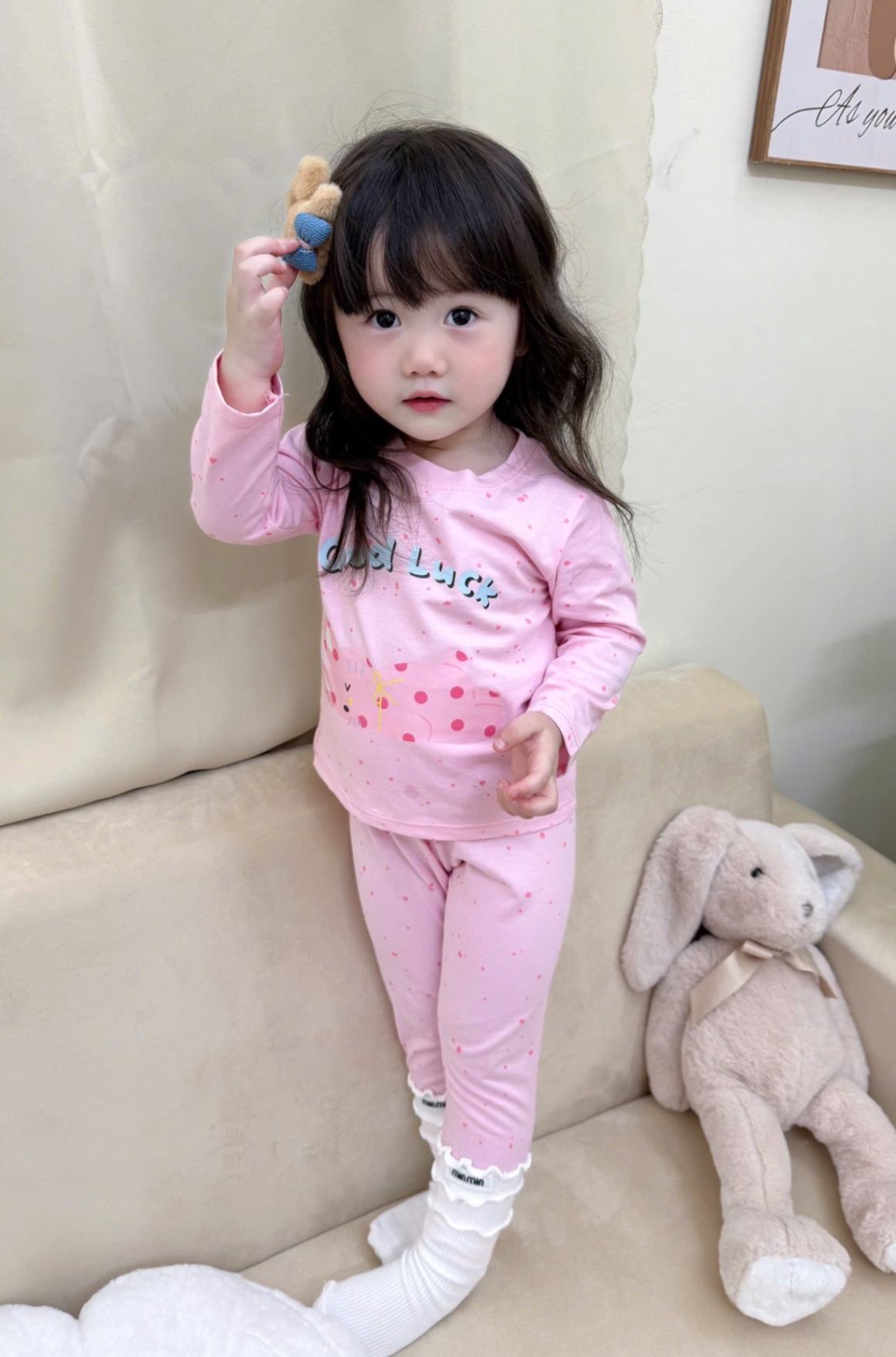G739 - SET 2 BỘ BÉ GÁI DÀI TAY CHẤM BI HỒNG GOOD LUCK