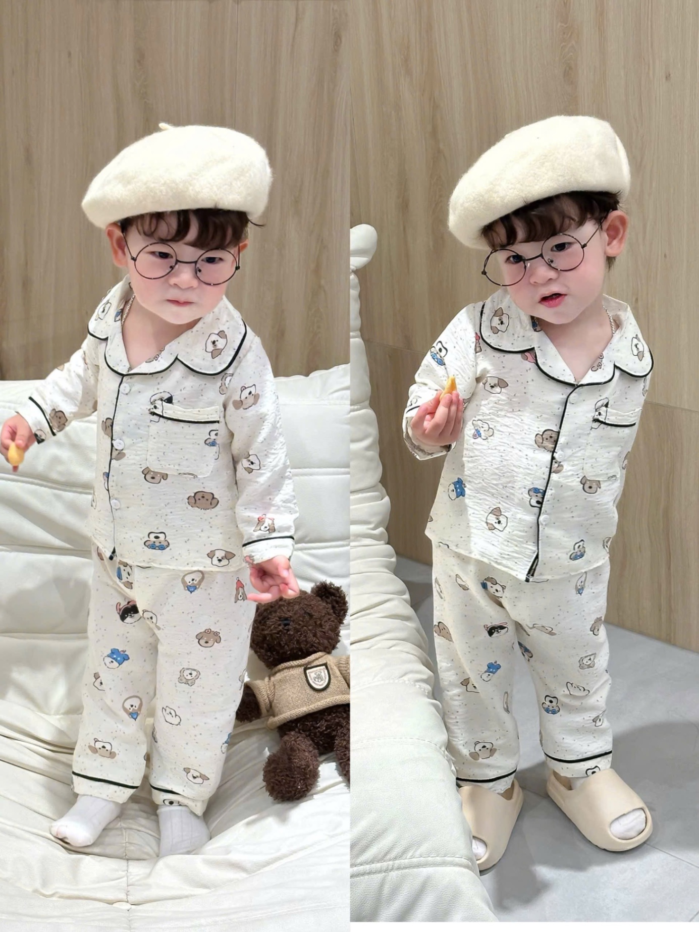 T901 - SET 2 BỘ PYJAMA BÉ TRAI DÀI TAY GẤU nâu kẻ trắng