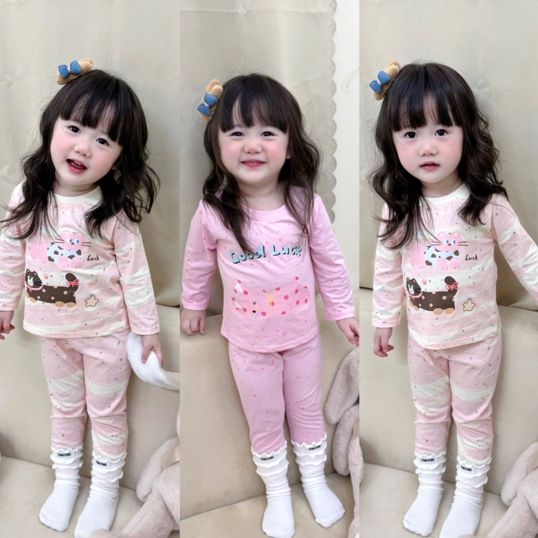 G739 - SET 2 BỘ BÉ GÁI DÀI TAY CHẤM BI HỒNG GOOD LUCK