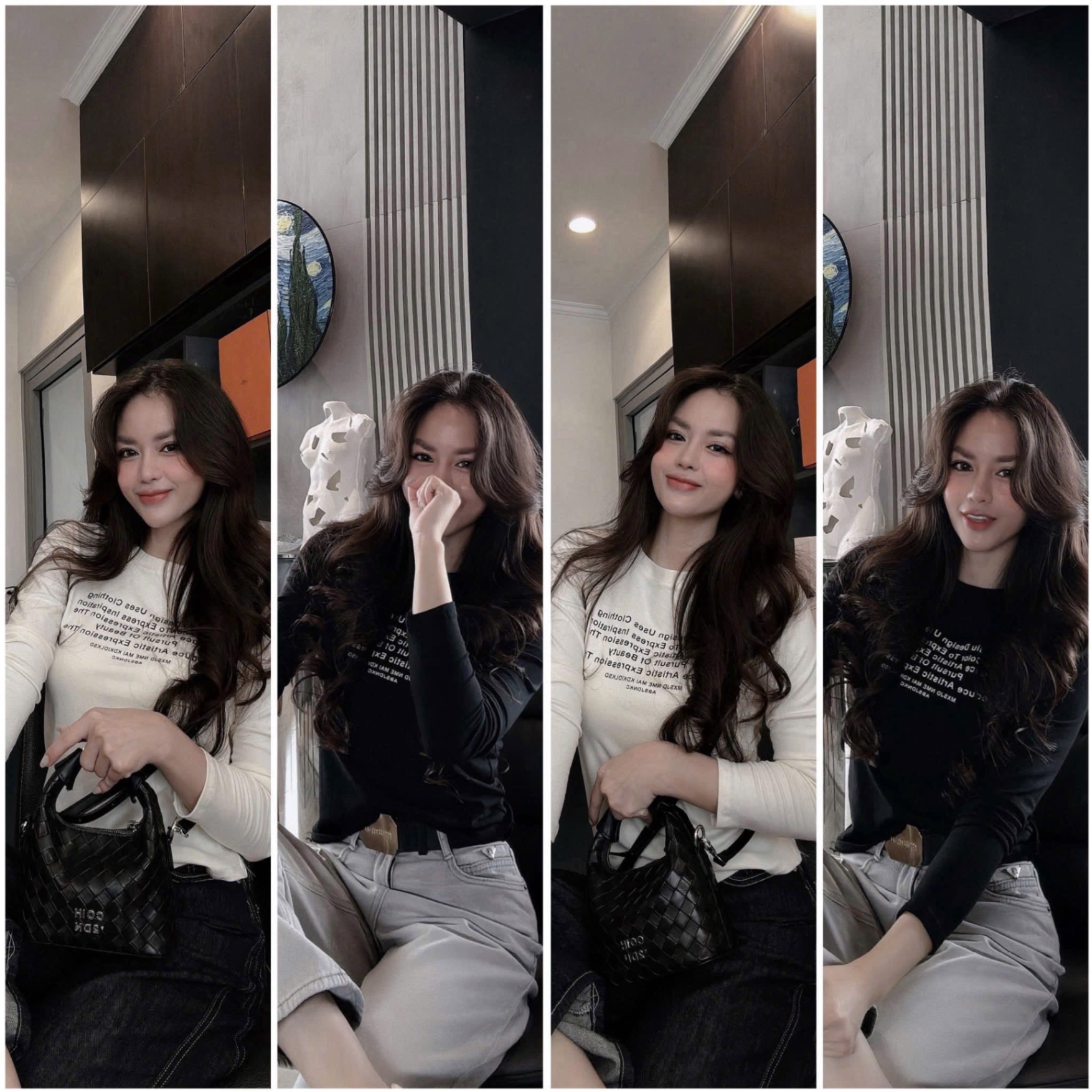 ANU297 - SET 2 ÁO NỮ DÀI TAY IN CHỮ đen trắng