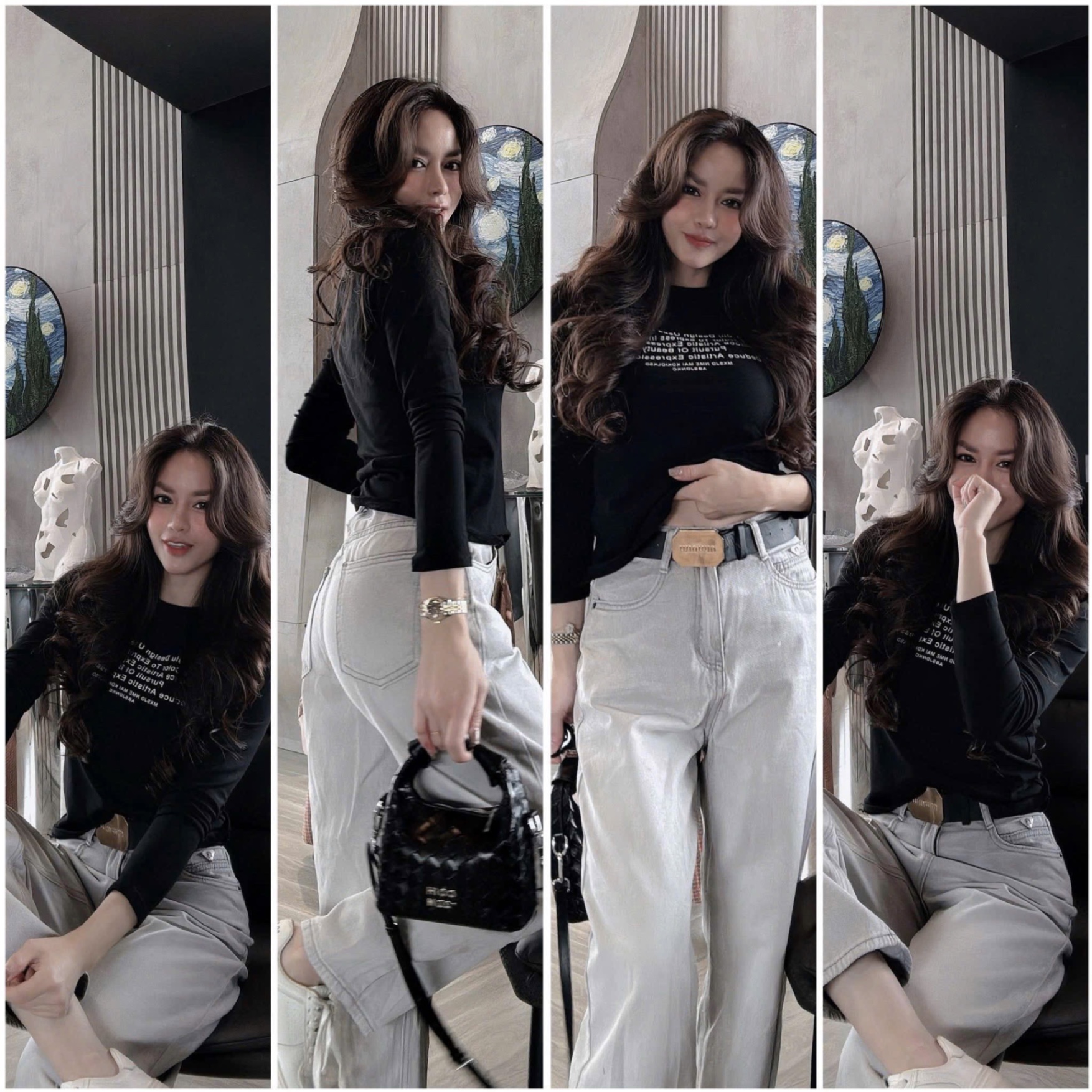 ANU297 - SET 2 ÁO NỮ DÀI TAY IN CHỮ đen trắng