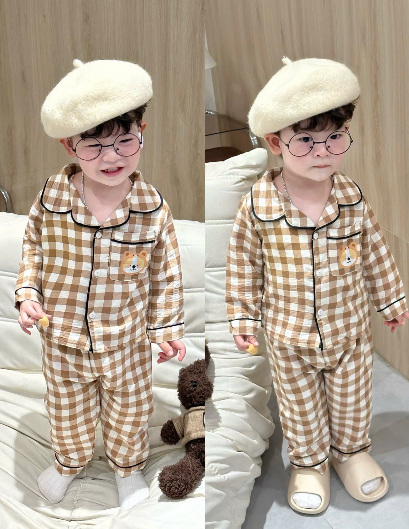 T901 - SET 2 BỘ PYJAMA BÉ TRAI DÀI TAY GẤU nâu kẻ trắng
