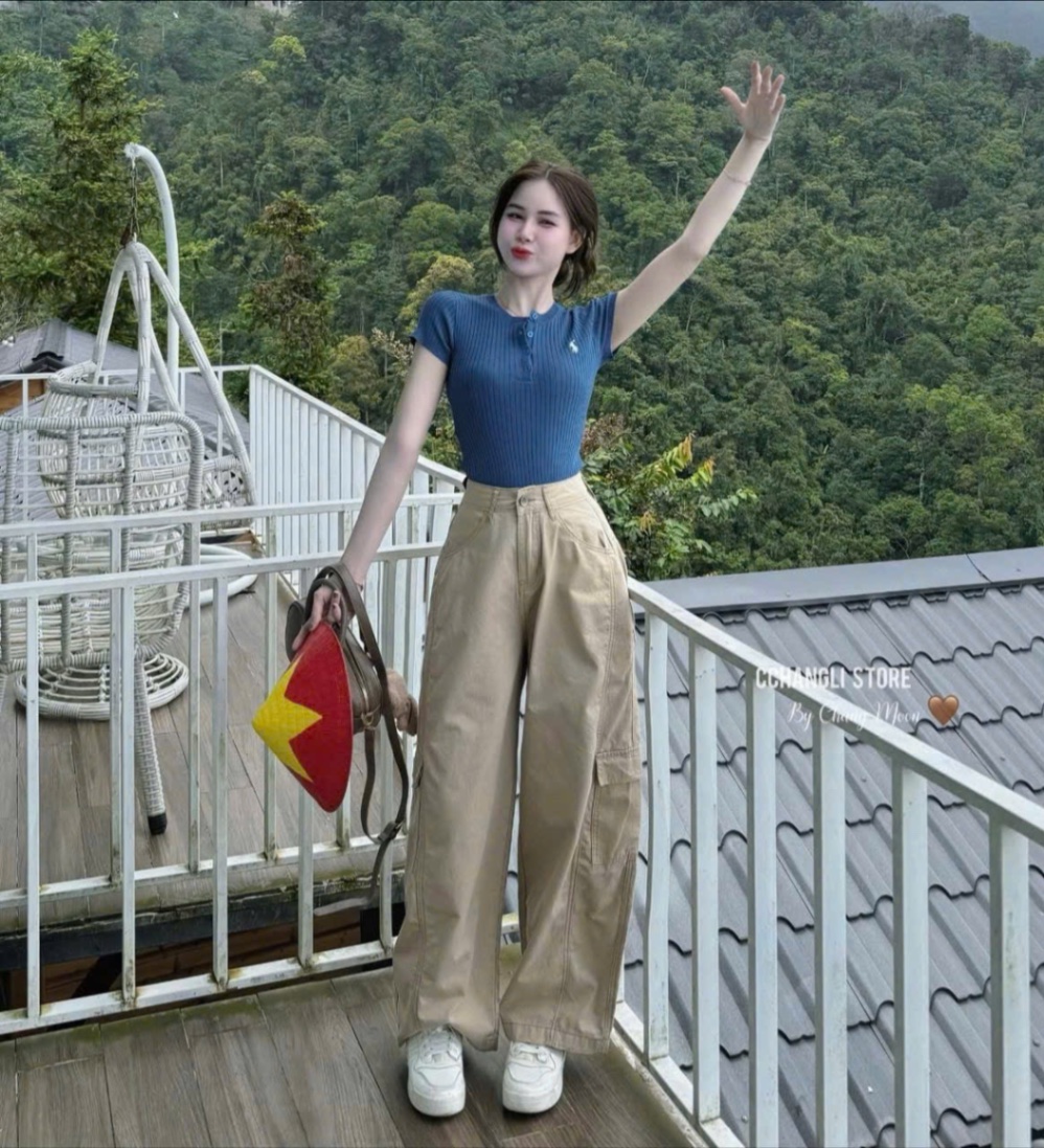 S159 - SET NỮ ÁO LEN GÂN XANH KỊ SĨ QUẦN SUÔNG NÂU
