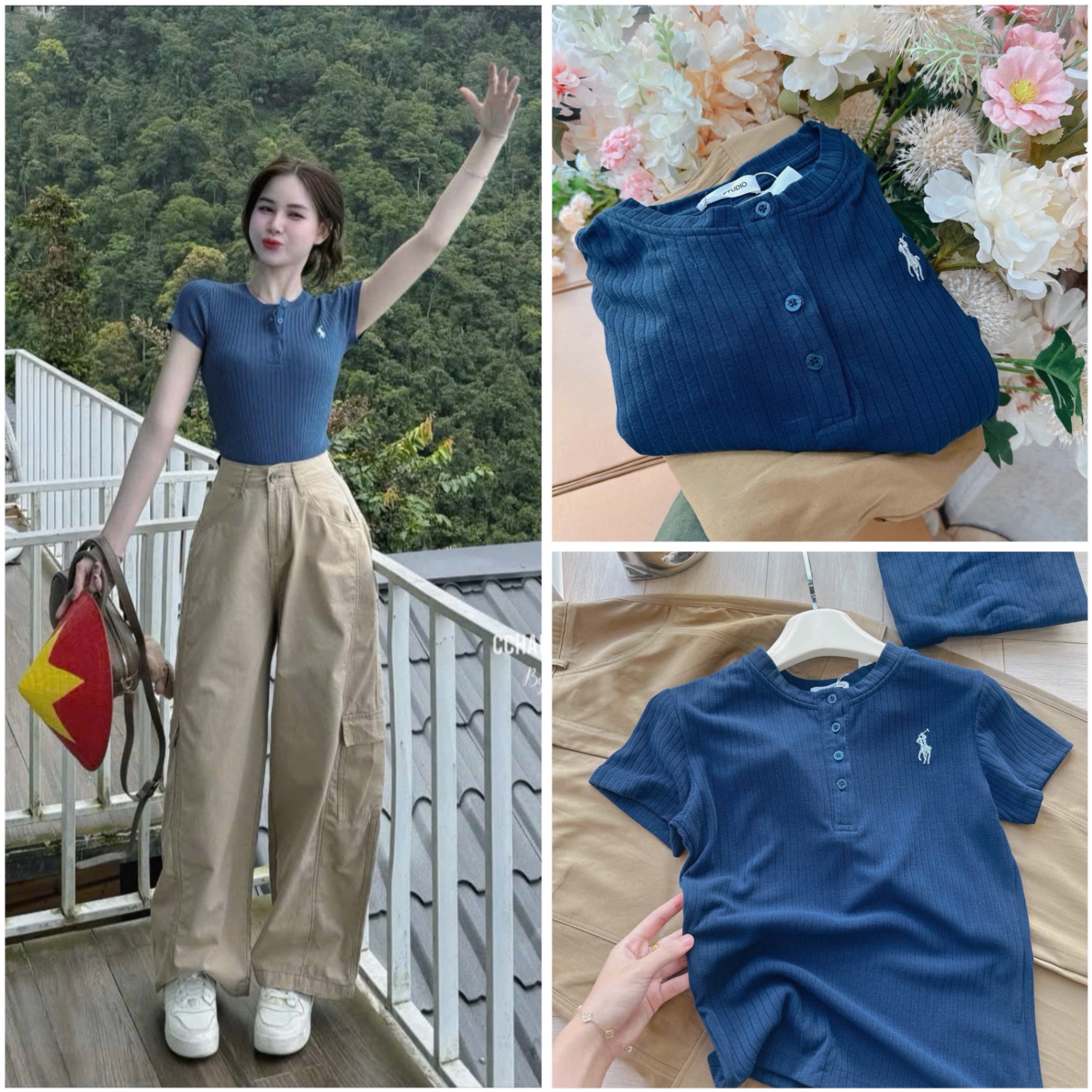 S159 - SET NỮ ÁO LEN GÂN XANH KỊ SĨ QUẦN SUÔNG NÂU