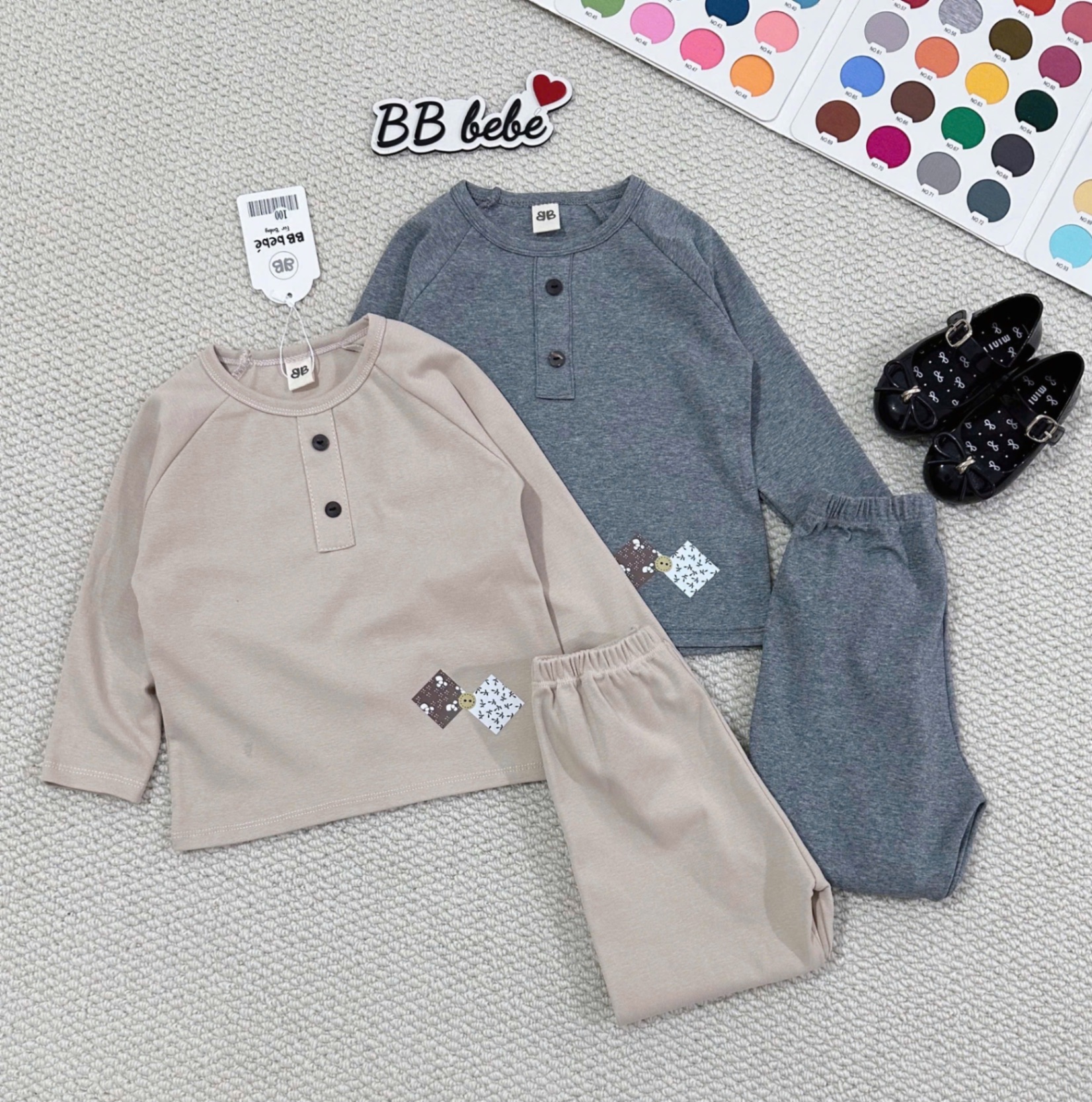 T915 - SET 2 BỘ BÉ TRAI DÀI TAY ZIP xám nâu CỔ CÚC