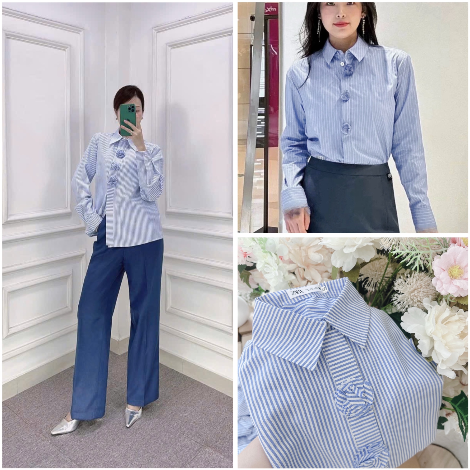 ANU303 - ÁO SƠ MI NỮ XANH SỌC ĐÍNH HOA DÀI TAY