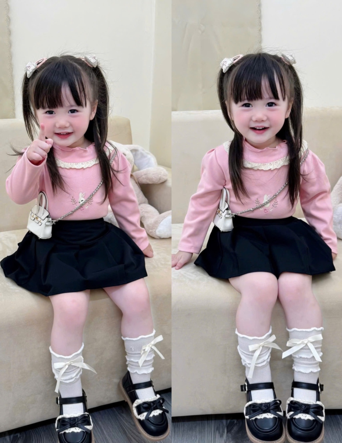AB785 - SET 2 ÁO BÉ GÁI ZIP LÔNG CỔ BÈO THÊU GẤU hồng be