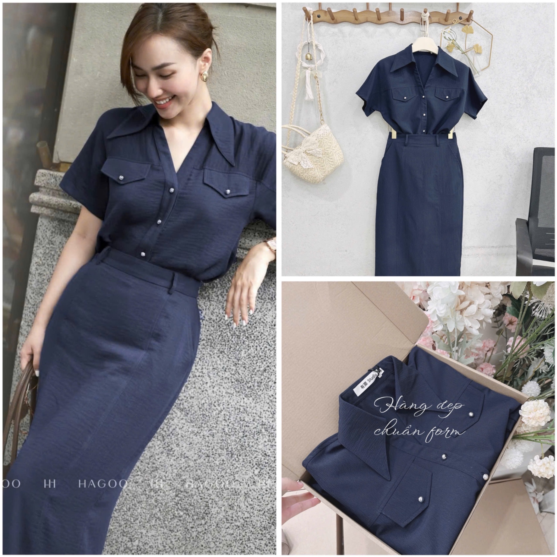 S162 - SET NỮ XANH THAN CỔ VẠT TÚI NẮP CVAY DÀI