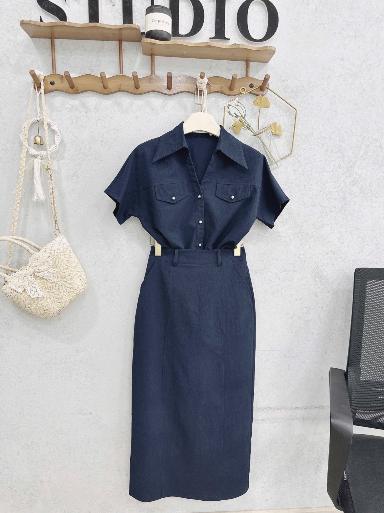 S162 - SET NỮ XANH THAN CỔ VẠT TÚI NẮP CVAY DÀI