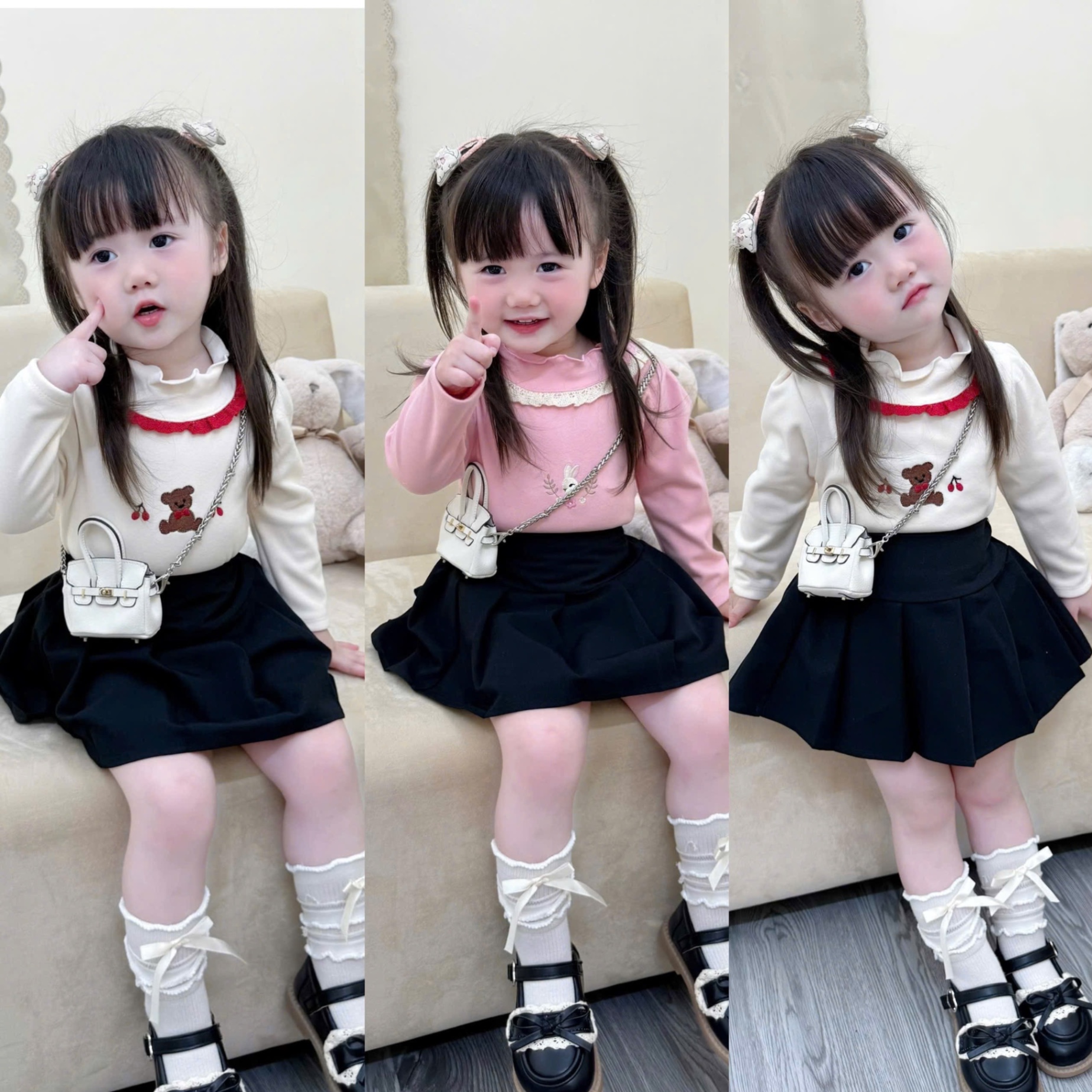 AB785 - SET 2 ÁO BÉ GÁI ZIP LÔNG CỔ BÈO THÊU GẤU hồng be