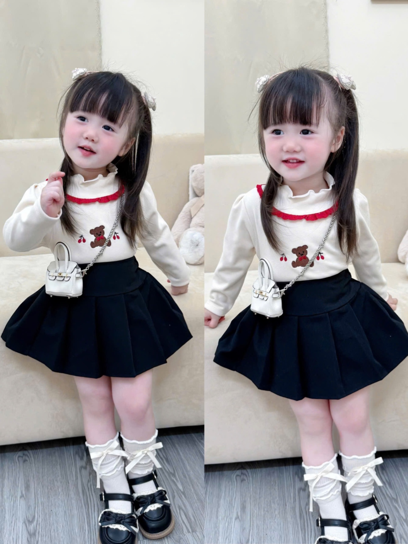 AB785 - SET 2 ÁO BÉ GÁI ZIP LÔNG CỔ BÈO THÊU GẤU hồng be