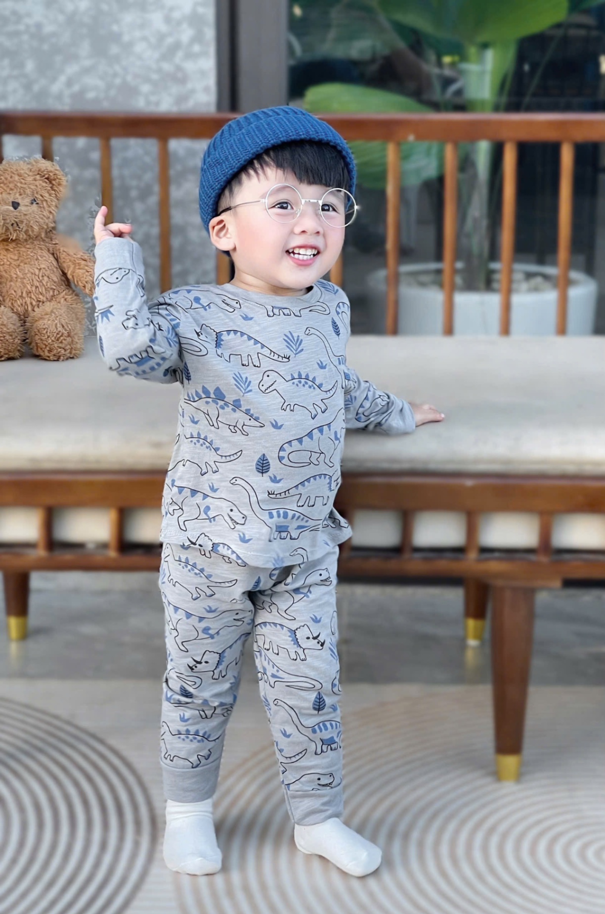 T922 - SET 2 BỘ BÉ TRAI DÀI TAY XƯỢC KHỦNG LONG xám trắng