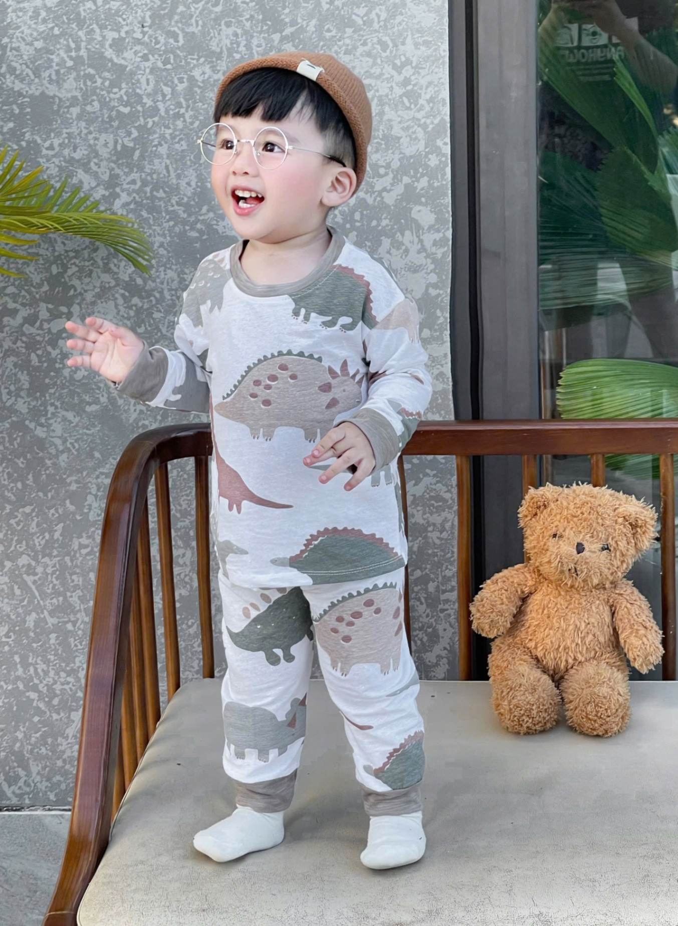 T922 - SET 2 BỘ BÉ TRAI DÀI TAY XƯỢC KHỦNG LONG xám trắng