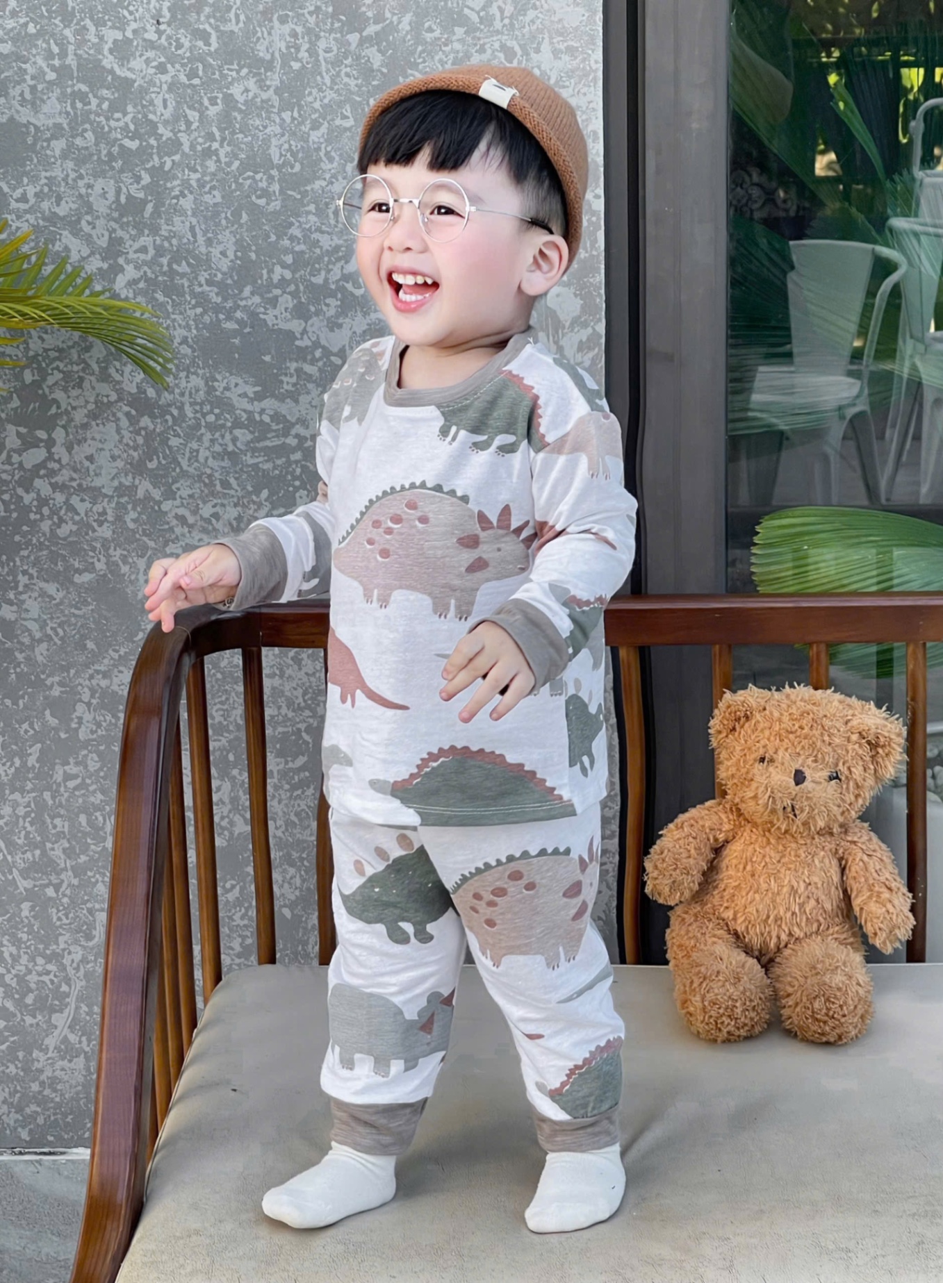 T922 - SET 2 BỘ BÉ TRAI DÀI TAY XƯỢC KHỦNG LONG xám trắng