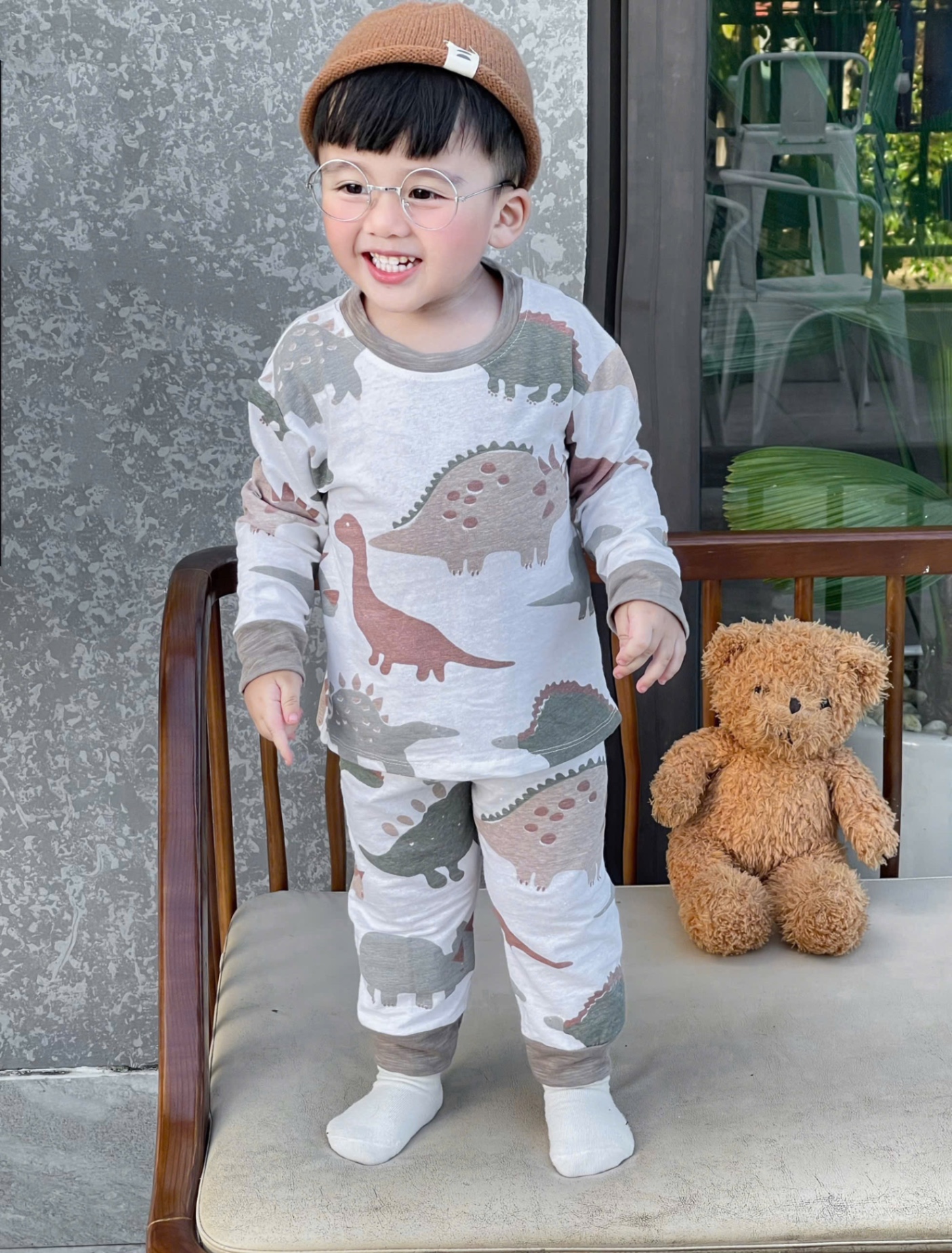 T922 - SET 2 BỘ BÉ TRAI DÀI TAY XƯỢC KHỦNG LONG xám trắng