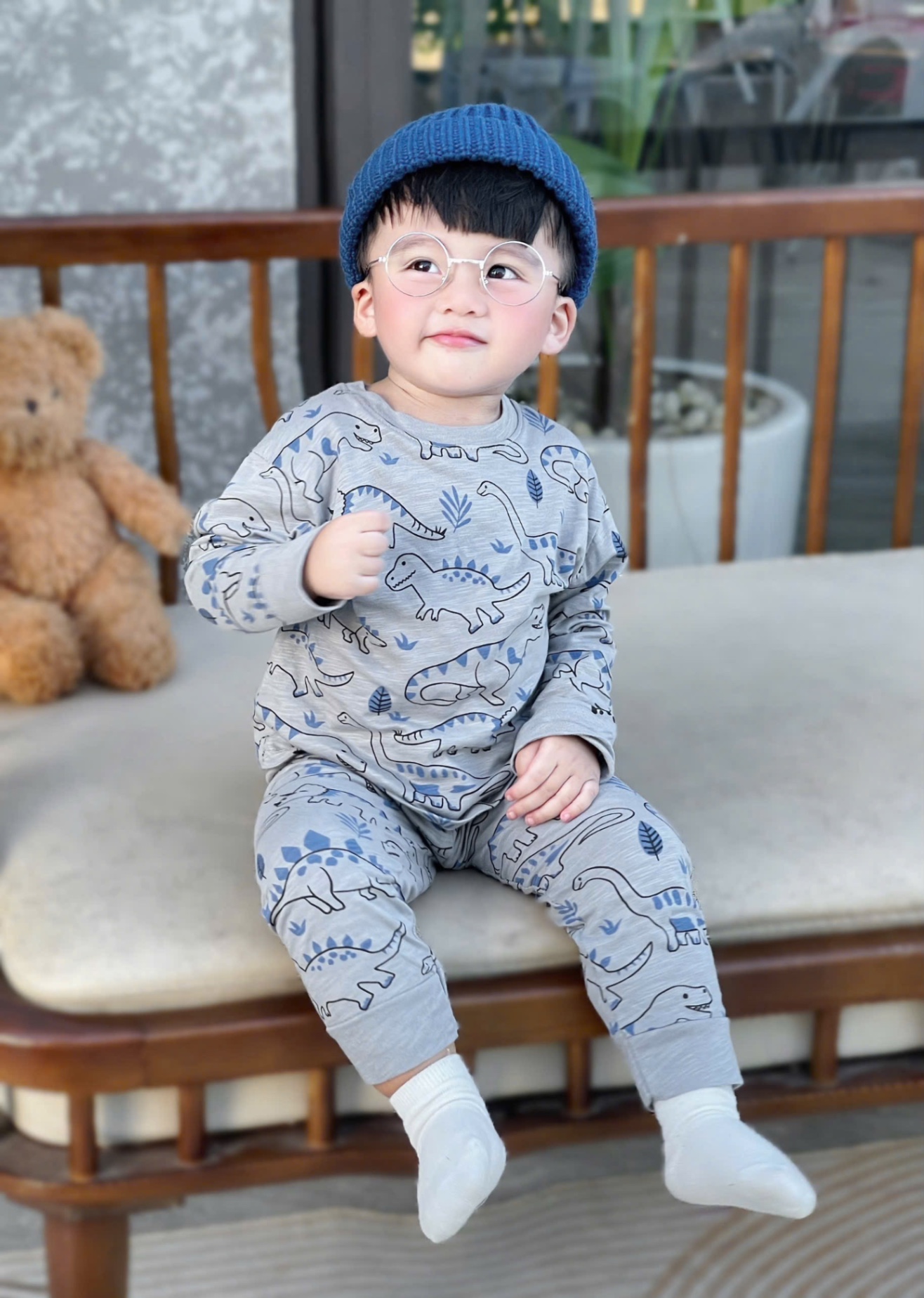 T922 - SET 2 BỘ BÉ TRAI DÀI TAY XƯỢC KHỦNG LONG xám trắng