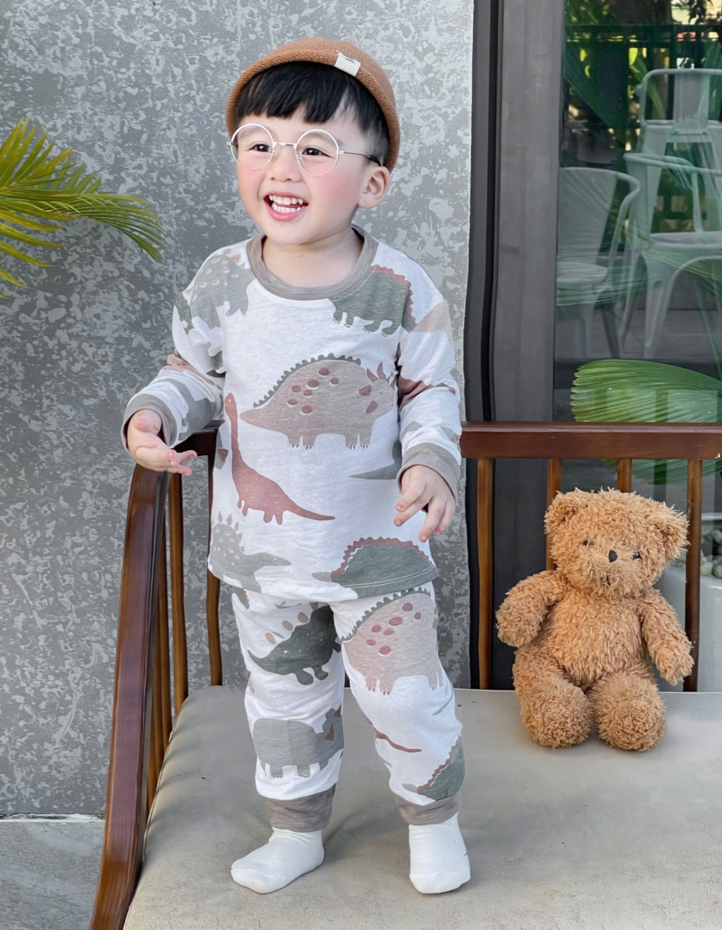 T922 - SET 2 BỘ BÉ TRAI DÀI TAY XƯỢC KHỦNG LONG xám trắng