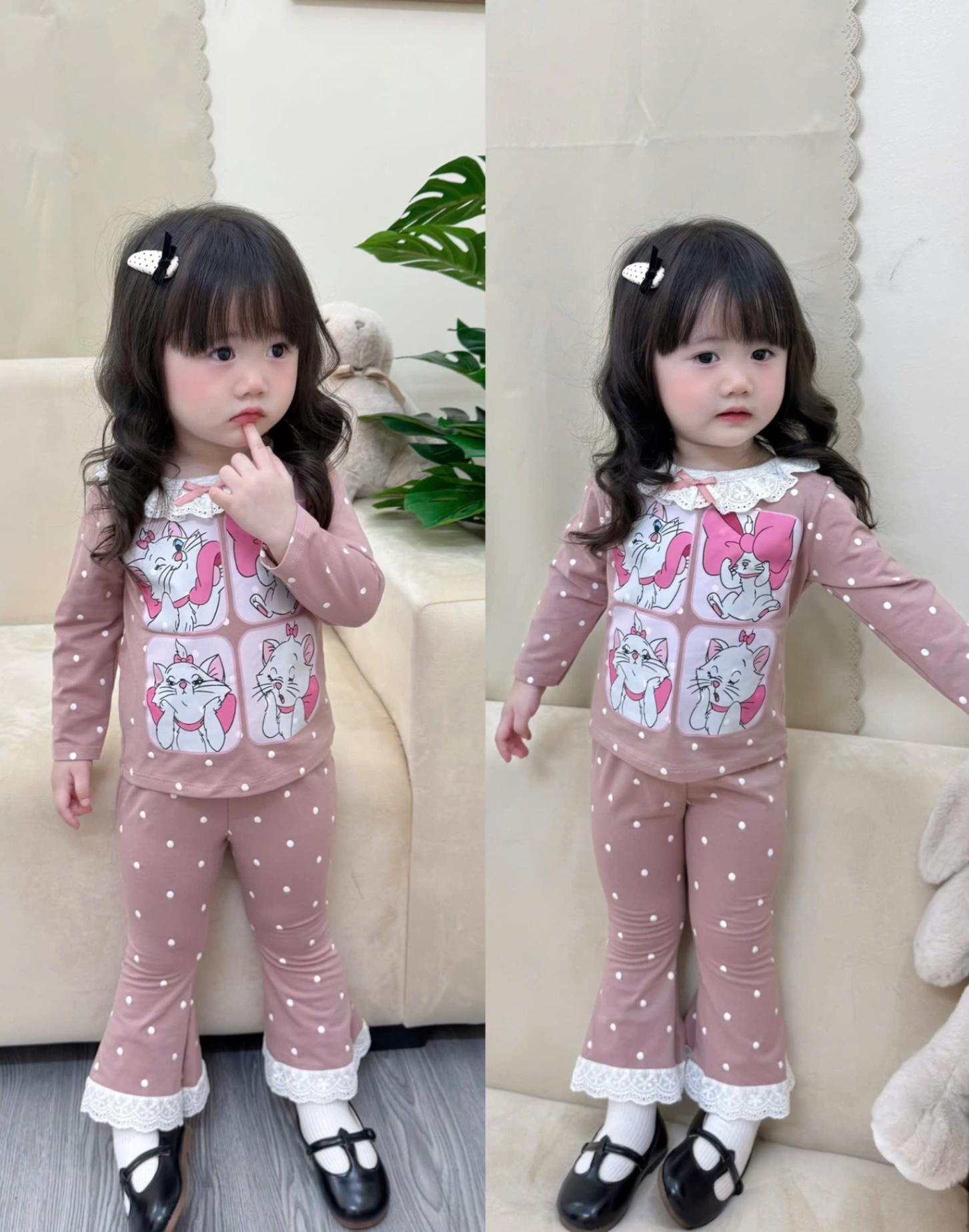 G746 - SET 2 BỘ BÉ GÁI DÀI TAY MÈO MERIE REN QUẦN LOE