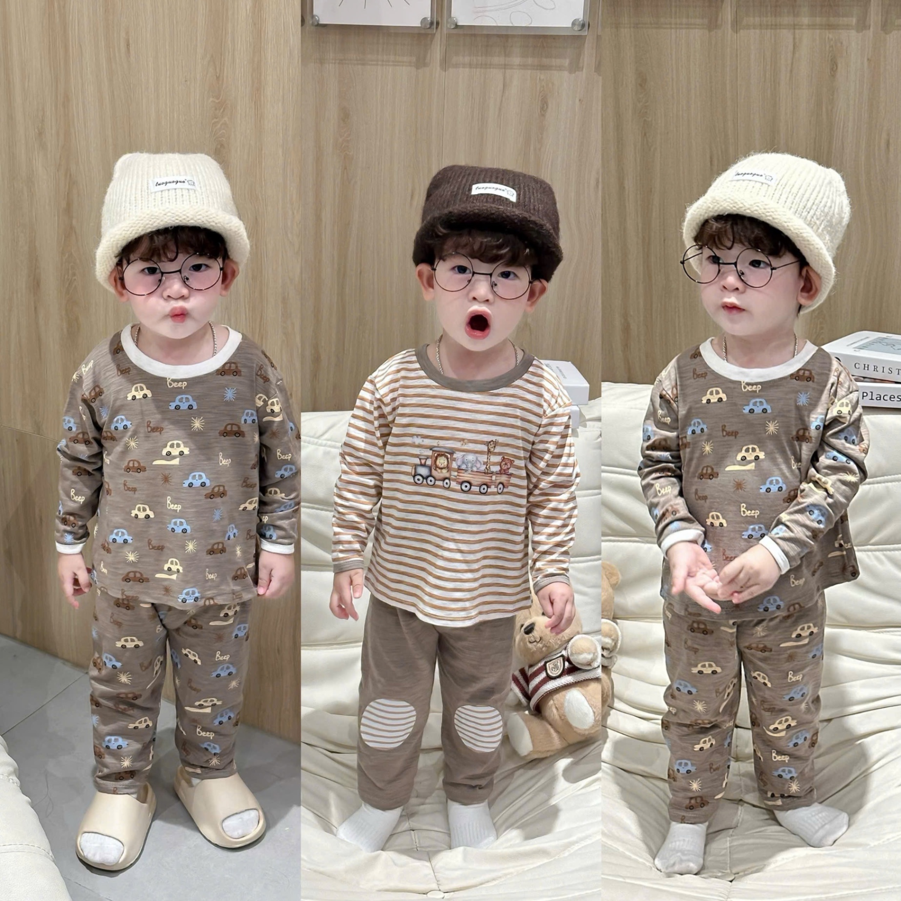 T931 - SET 2 BỘ BÉ TRAI DÀI TAY XƯỢC OTO beep nâu kẻ