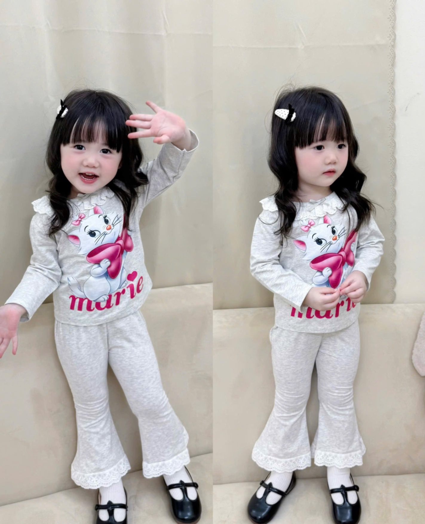 G746 - SET 2 BỘ BÉ GÁI DÀI TAY MÈO MERIE REN QUẦN LOE