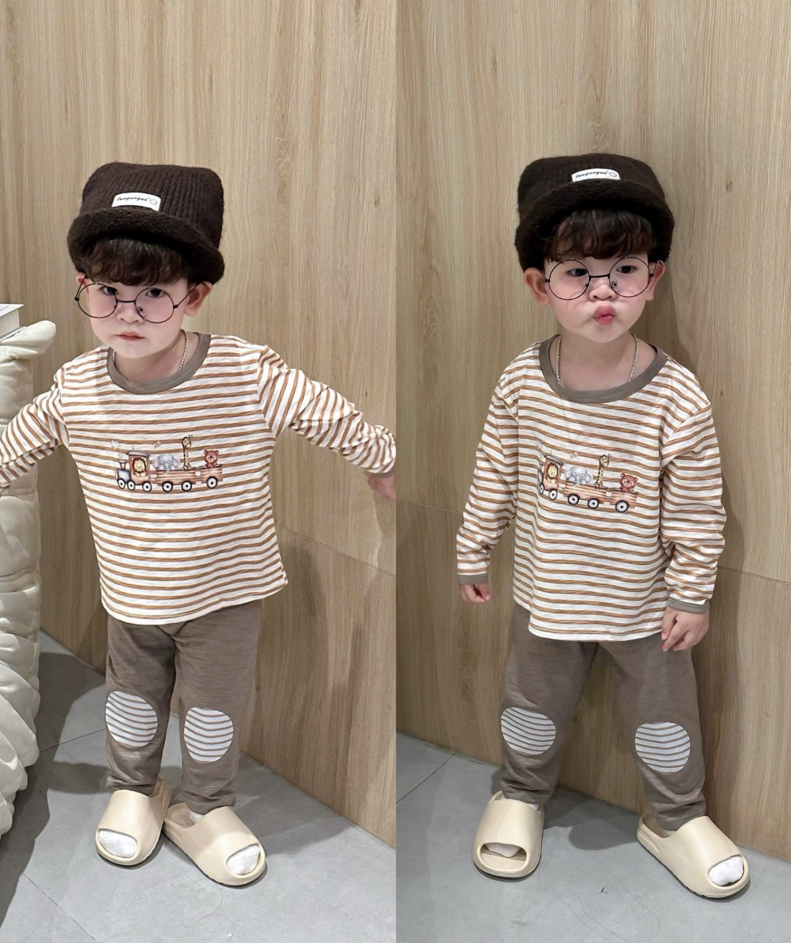T931 - SET 2 BỘ BÉ TRAI DÀI TAY XƯỢC OTO beep nâu kẻ