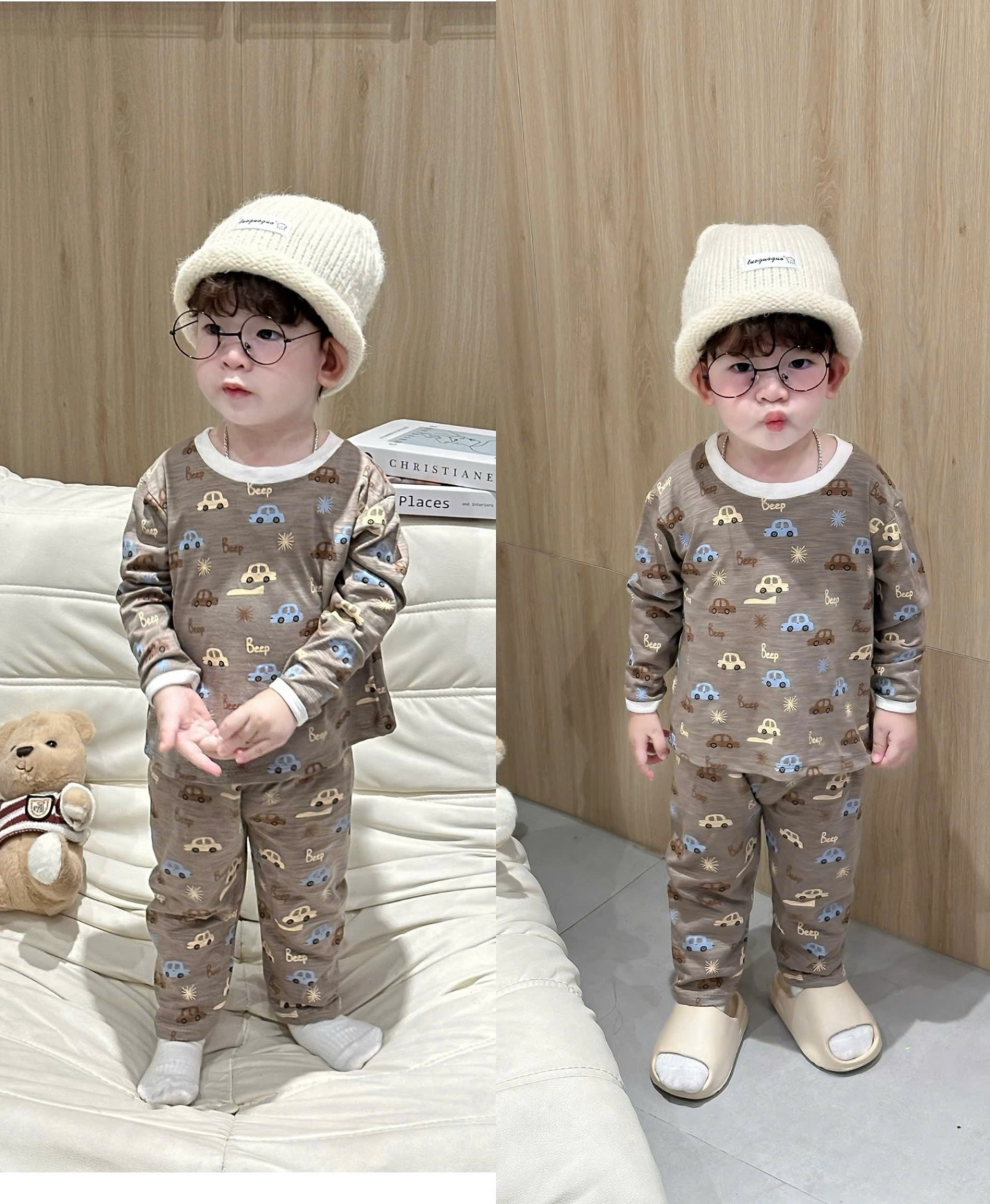 T931 - SET 2 BỘ BÉ TRAI DÀI TAY XƯỢC OTO beep nâu kẻ