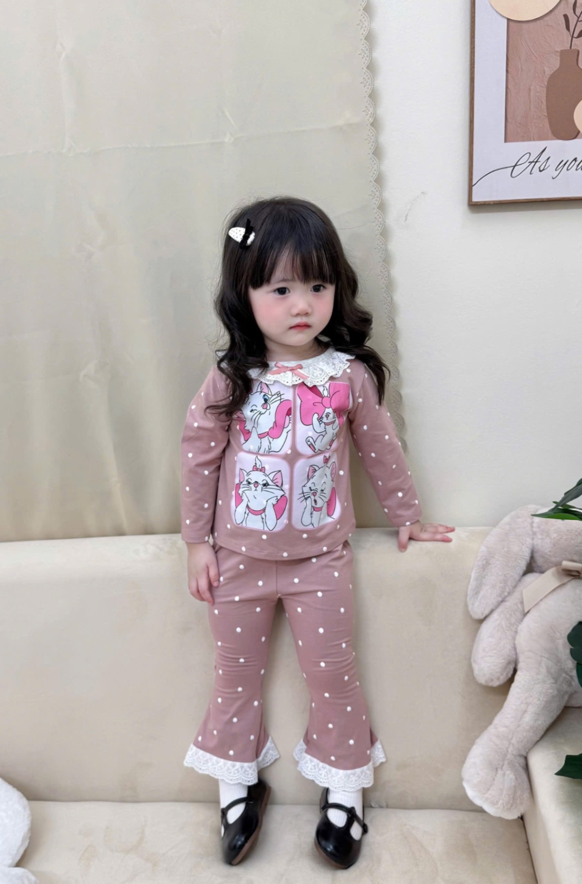 G746 - SET 2 BỘ BÉ GÁI DÀI TAY MÈO MERIE REN QUẦN LOE