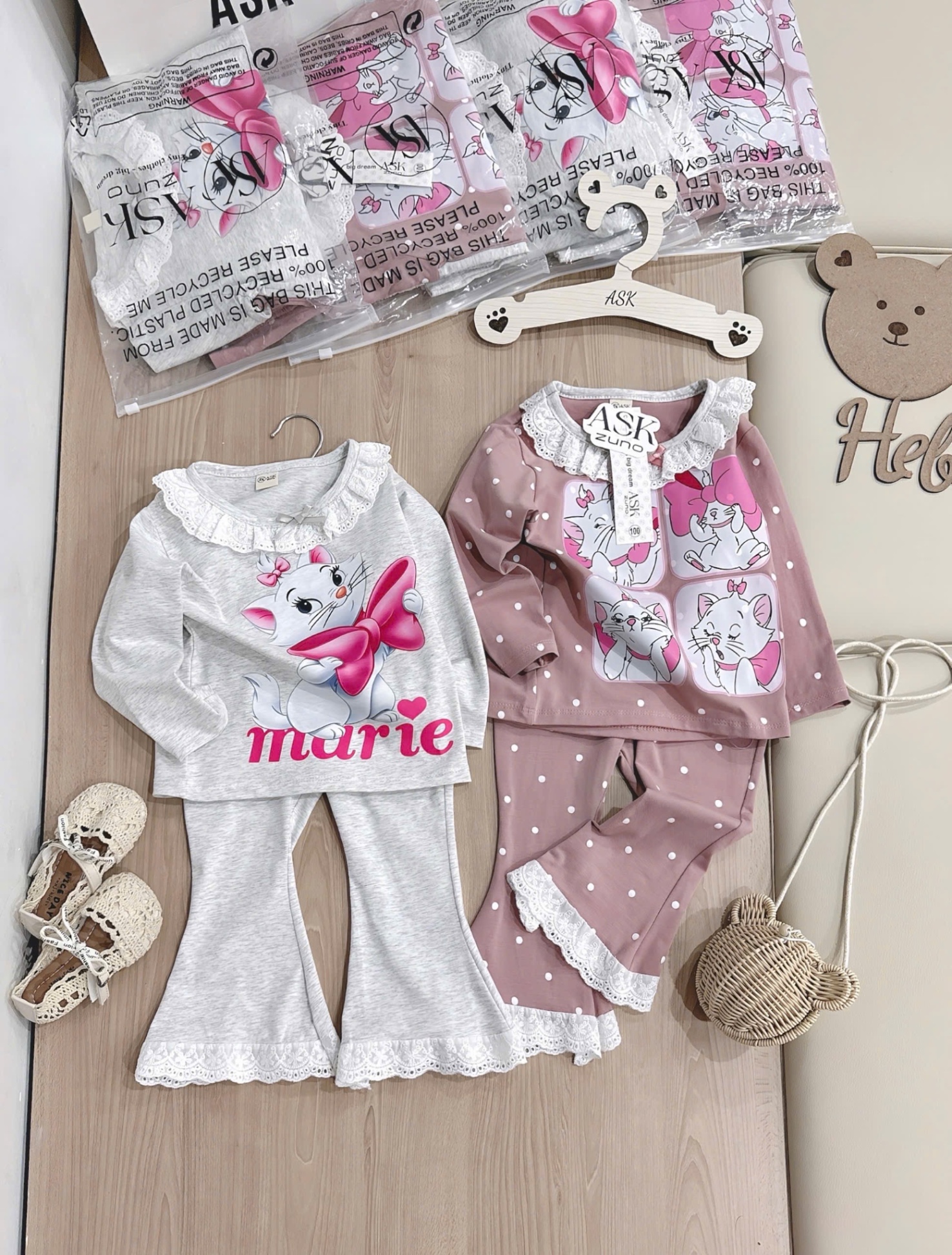 G746 - SET 2 BỘ BÉ GÁI DÀI TAY MÈO MERIE REN QUẦN LOE