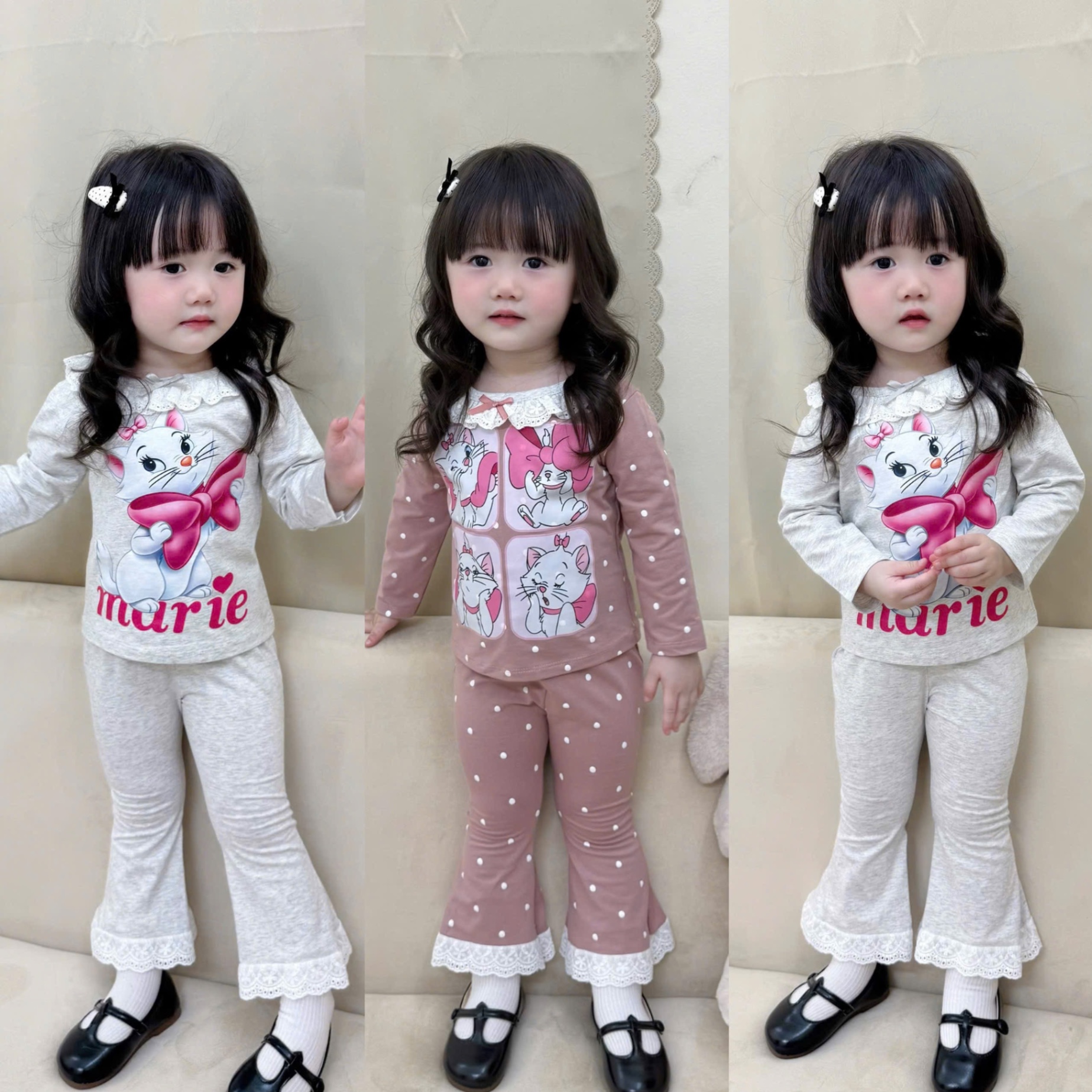 G746 - SET 2 BỘ BÉ GÁI DÀI TAY MÈO MERIE REN QUẦN LOE