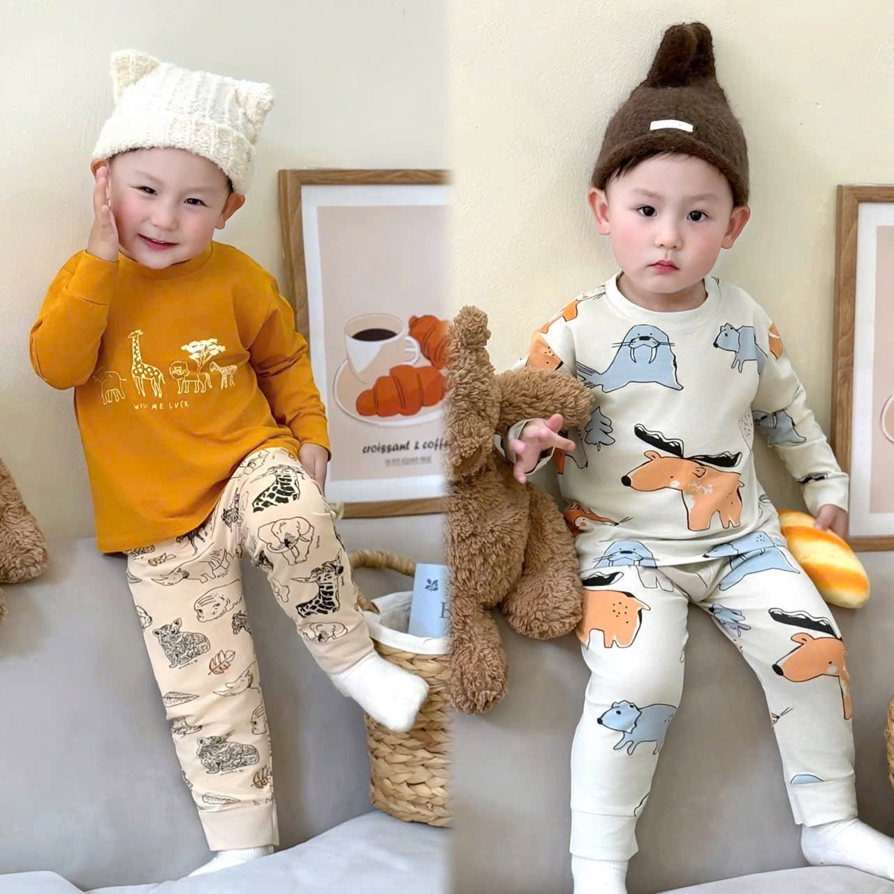T938 - SET 2 BỘ BÉ TRAI DÀI TAY HÌNH THÚ vàng be