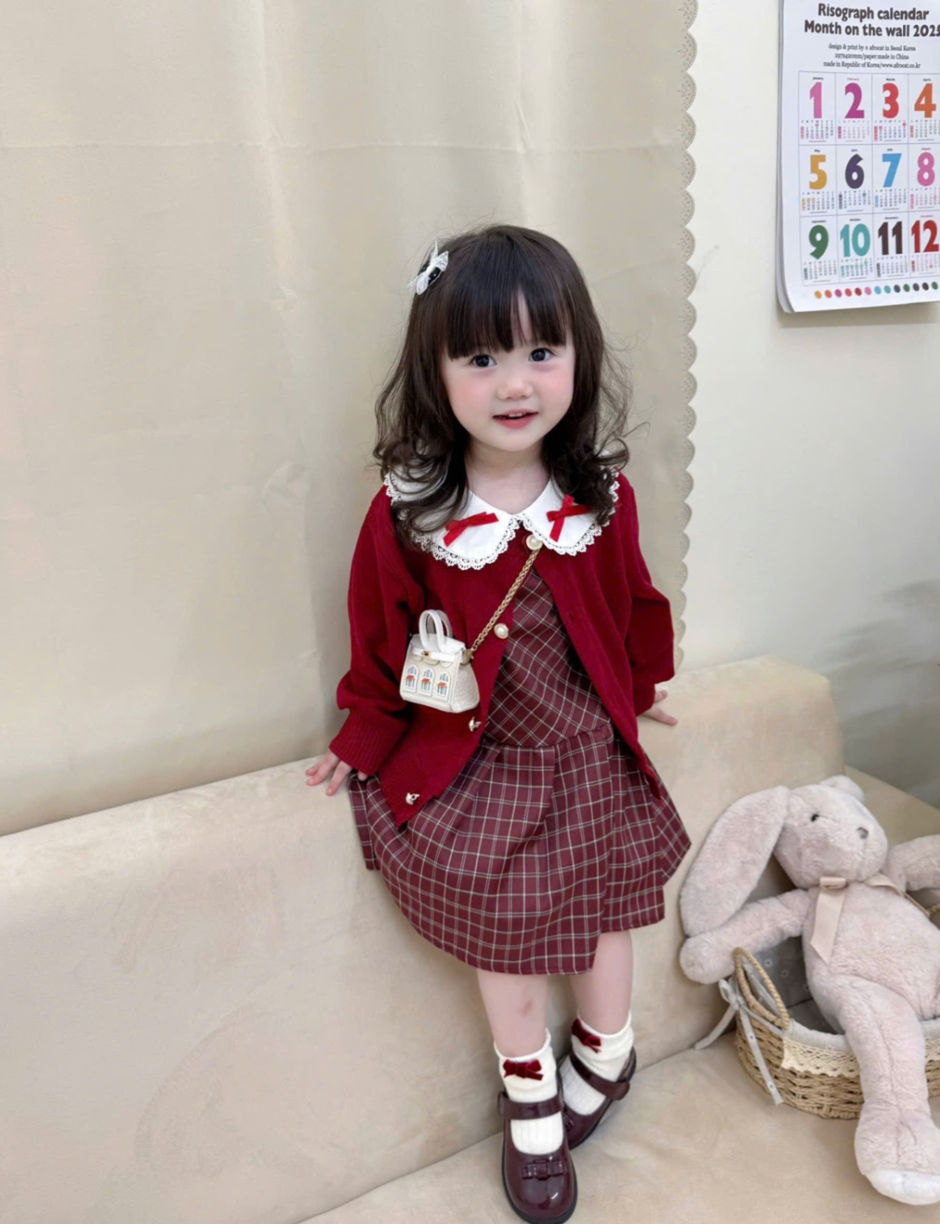 G751 - SET BÉ GÁI VÁY KẺ CARO MIX CARDIGAN ĐỎ NƠ