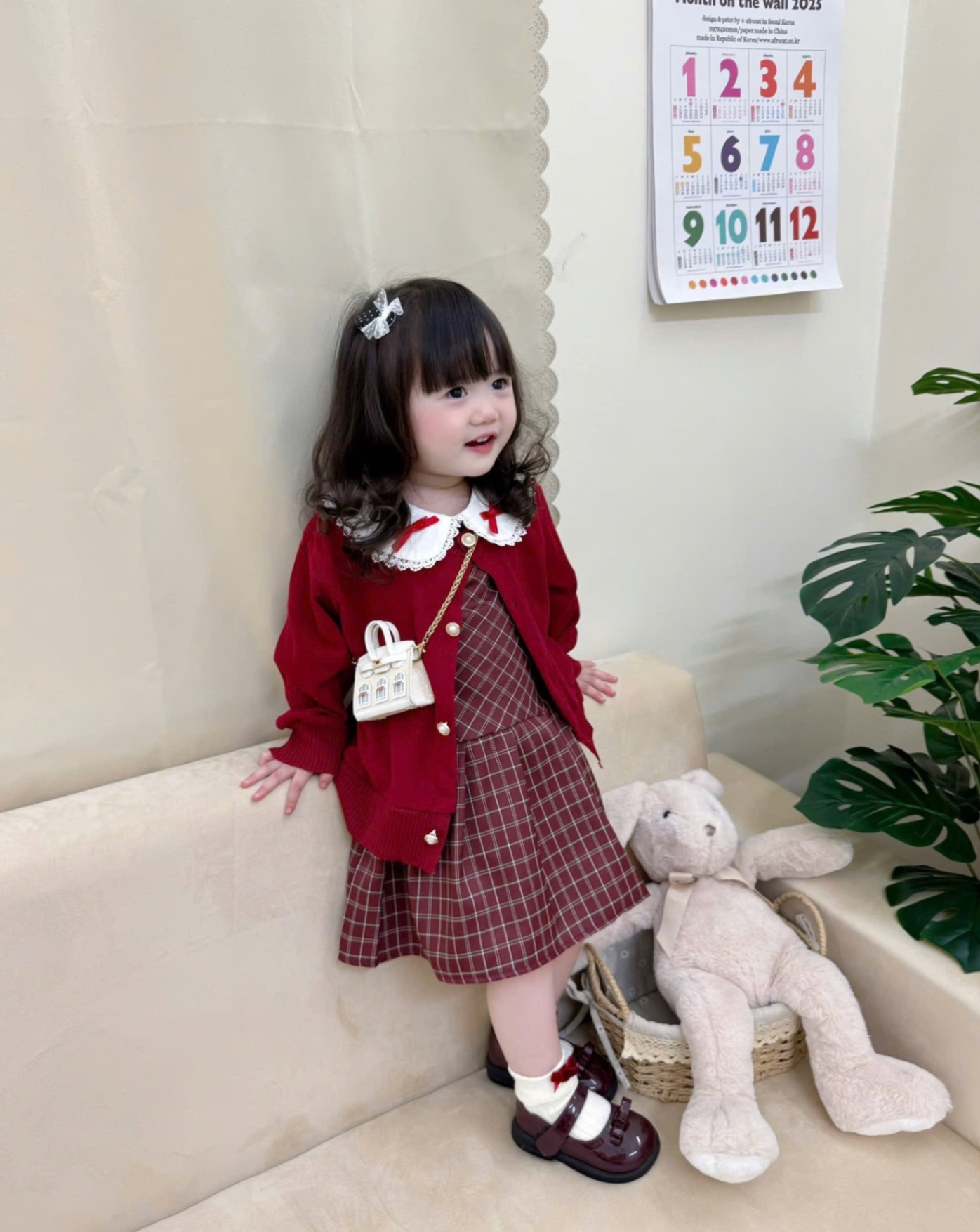G751 - SET BÉ GÁI VÁY KẺ CARO MIX CARDIGAN ĐỎ NƠ