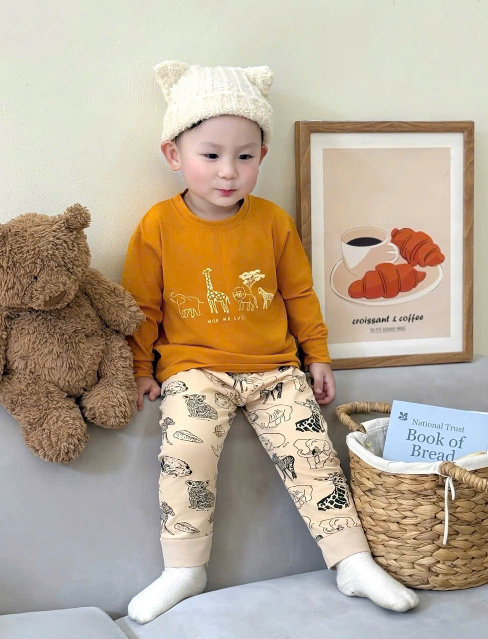 T938 - SET 2 BỘ BÉ TRAI DÀI TAY HÌNH THÚ vàng be