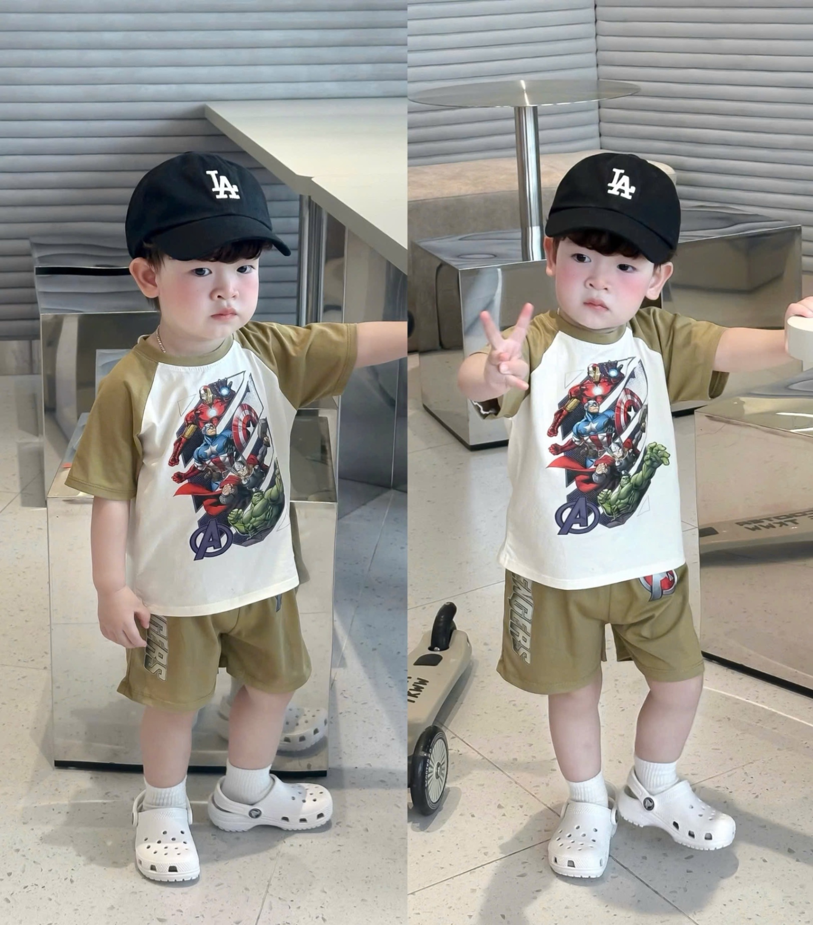 T936 - SET 2 BỘ ĐÙI BÉ TRAI MARVEL TRẮNG TAY RÊU
