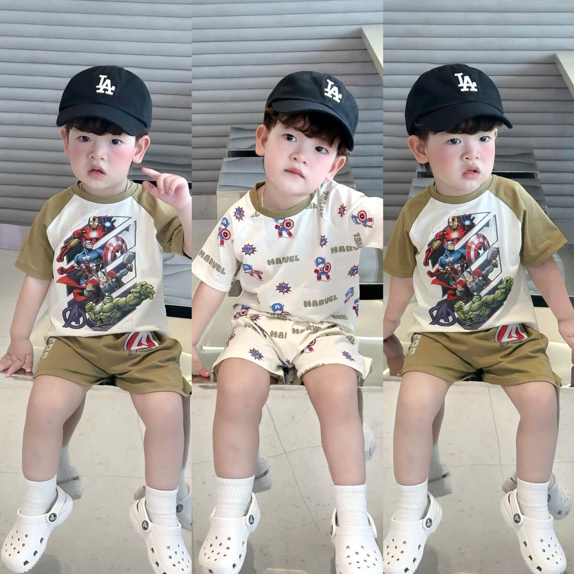 T936 - SET 2 BỘ ĐÙI BÉ TRAI MARVEL TRẮNG TAY RÊU