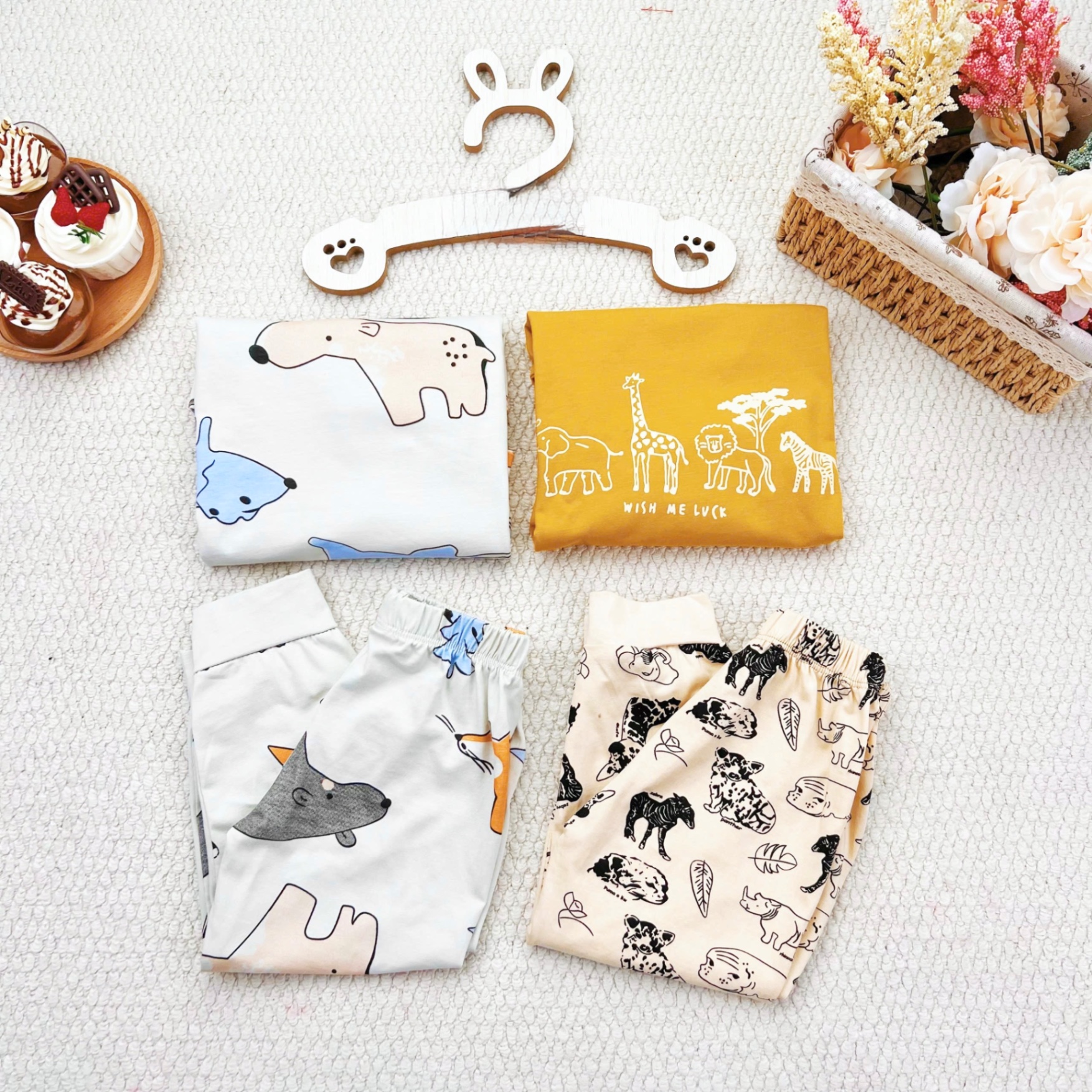 T938 - SET 2 BỘ BÉ TRAI DÀI TAY HÌNH THÚ vàng be