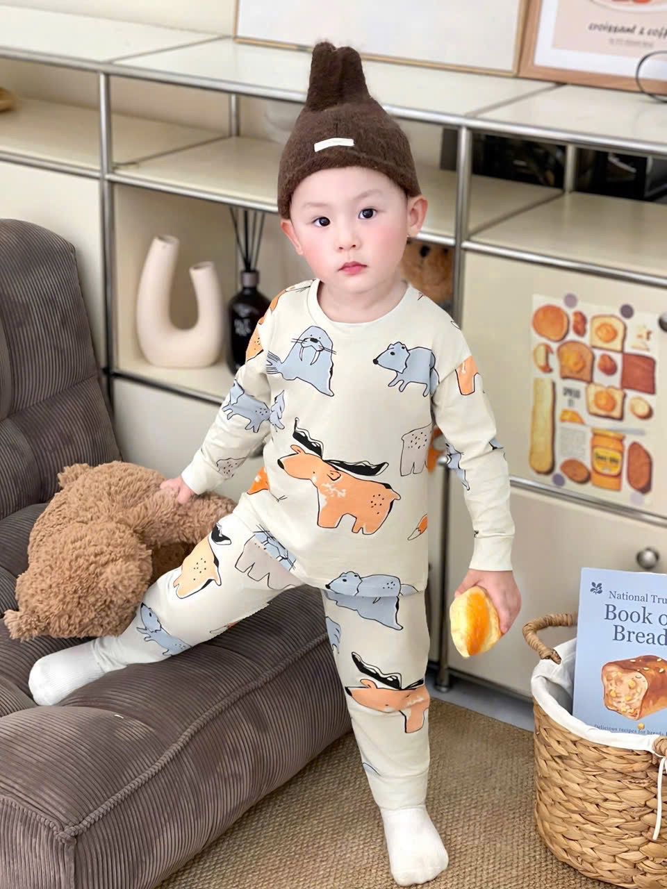T938 - SET 2 BỘ BÉ TRAI DÀI TAY HÌNH THÚ vàng be