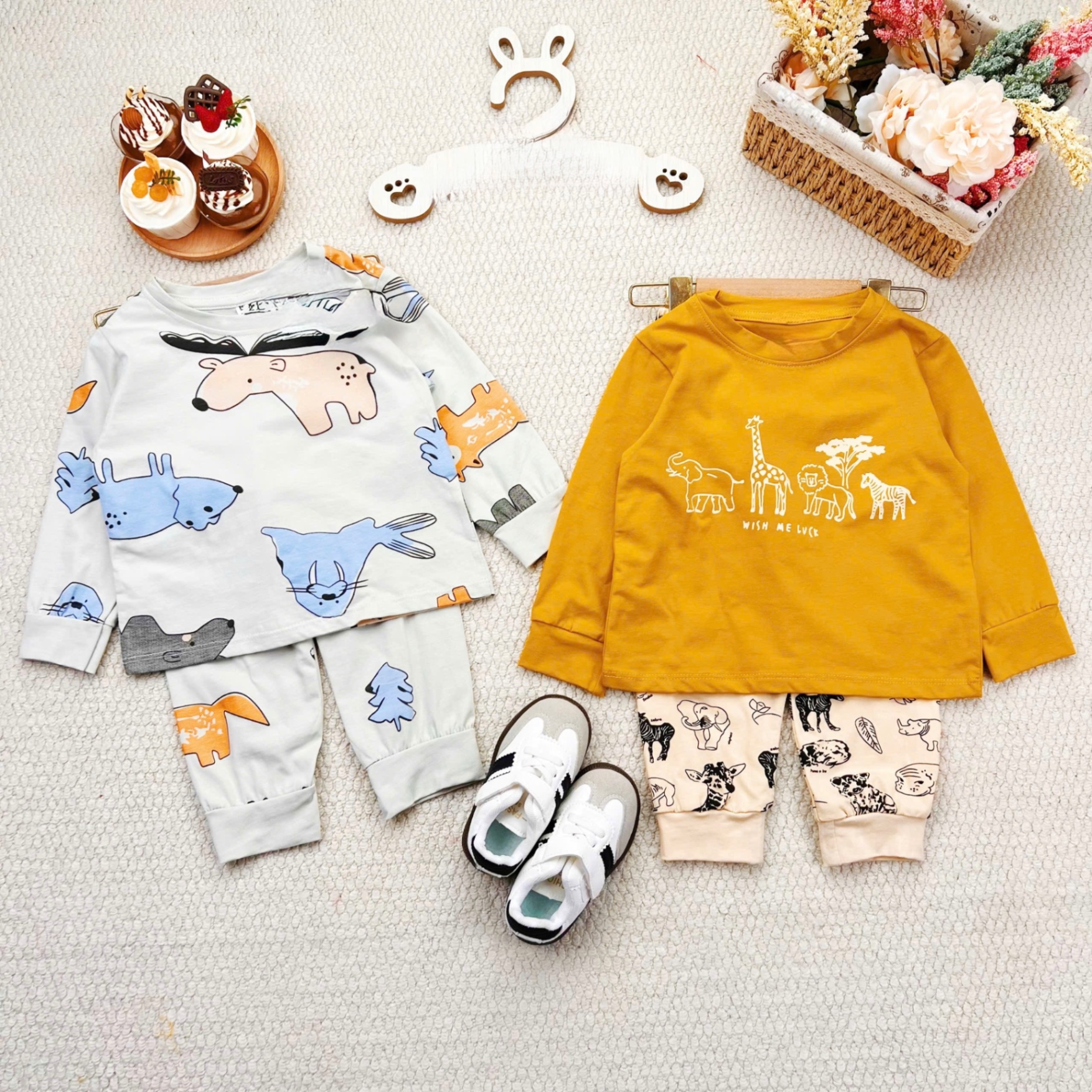 T938 - SET 2 BỘ BÉ TRAI DÀI TAY HÌNH THÚ vàng be