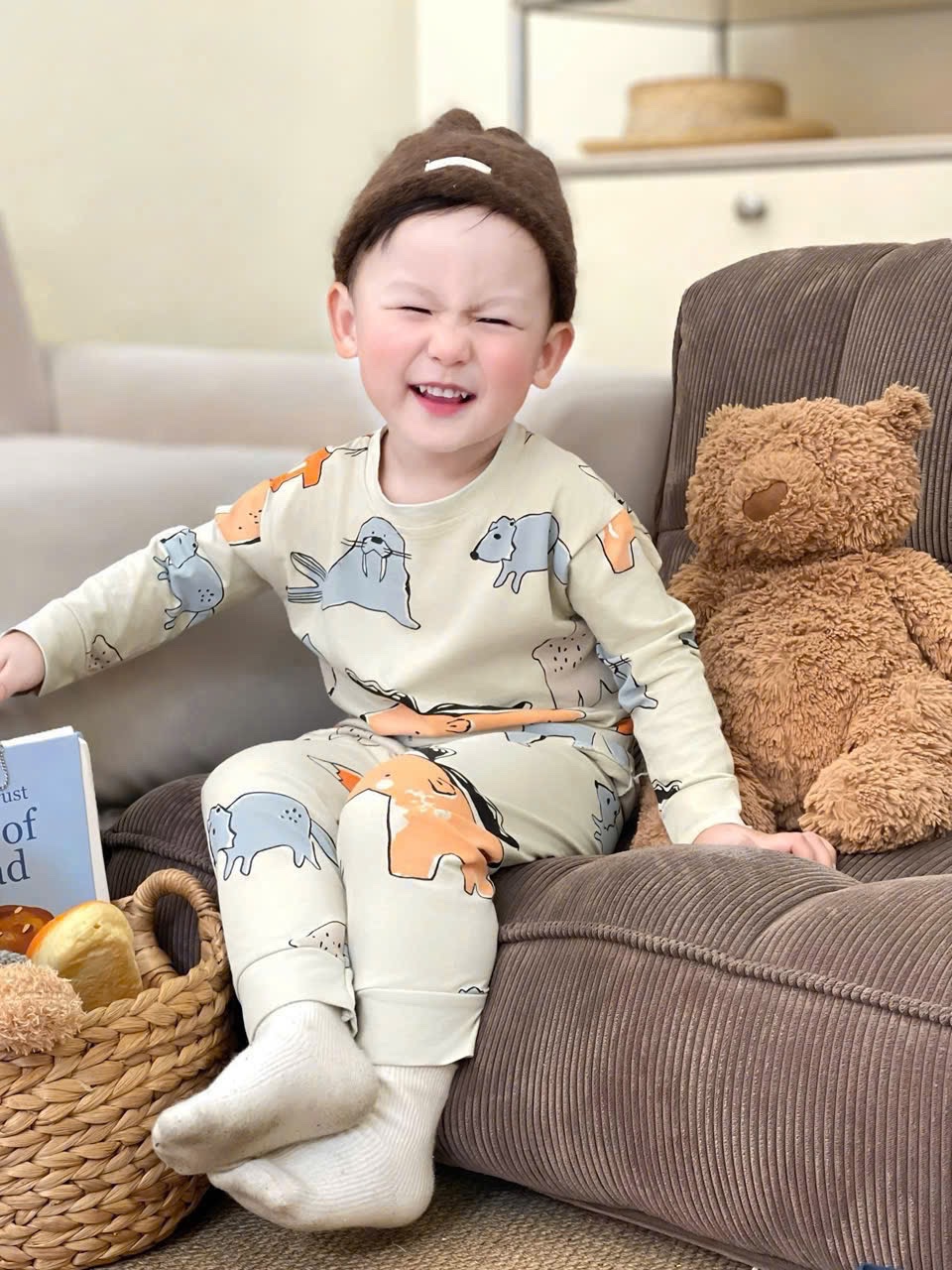 T938 - SET 2 BỘ BÉ TRAI DÀI TAY HÌNH THÚ vàng be