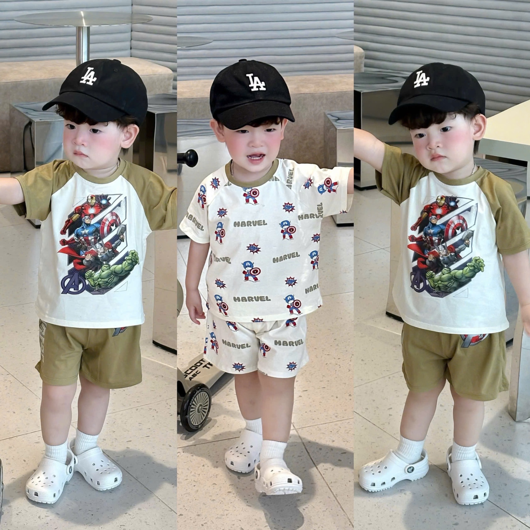 T936 - SET 2 BỘ ĐÙI BÉ TRAI MARVEL TRẮNG TAY RÊU