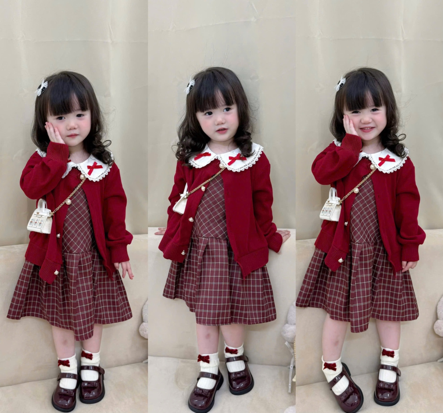 G751 - SET BÉ GÁI VÁY KẺ CARO MIX CARDIGAN ĐỎ NƠ