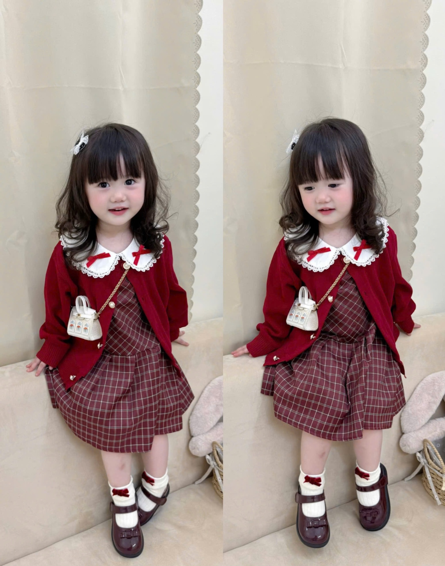 G751 - SET BÉ GÁI VÁY KẺ CARO MIX CARDIGAN ĐỎ NƠ