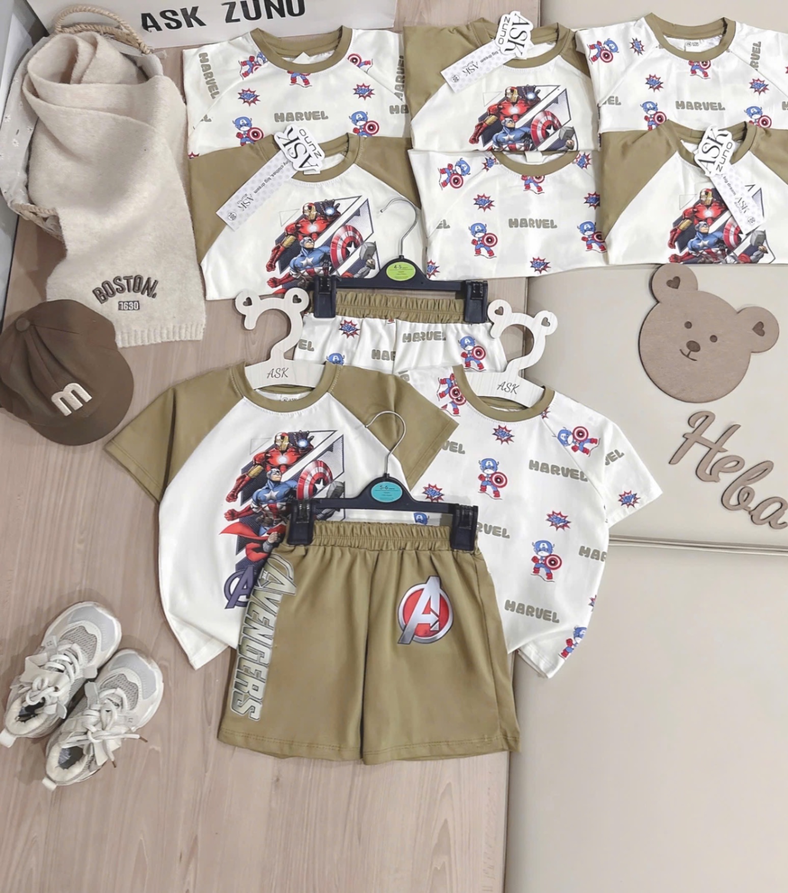 T936 - SET 2 BỘ ĐÙI BÉ TRAI MARVEL TRẮNG TAY RÊU