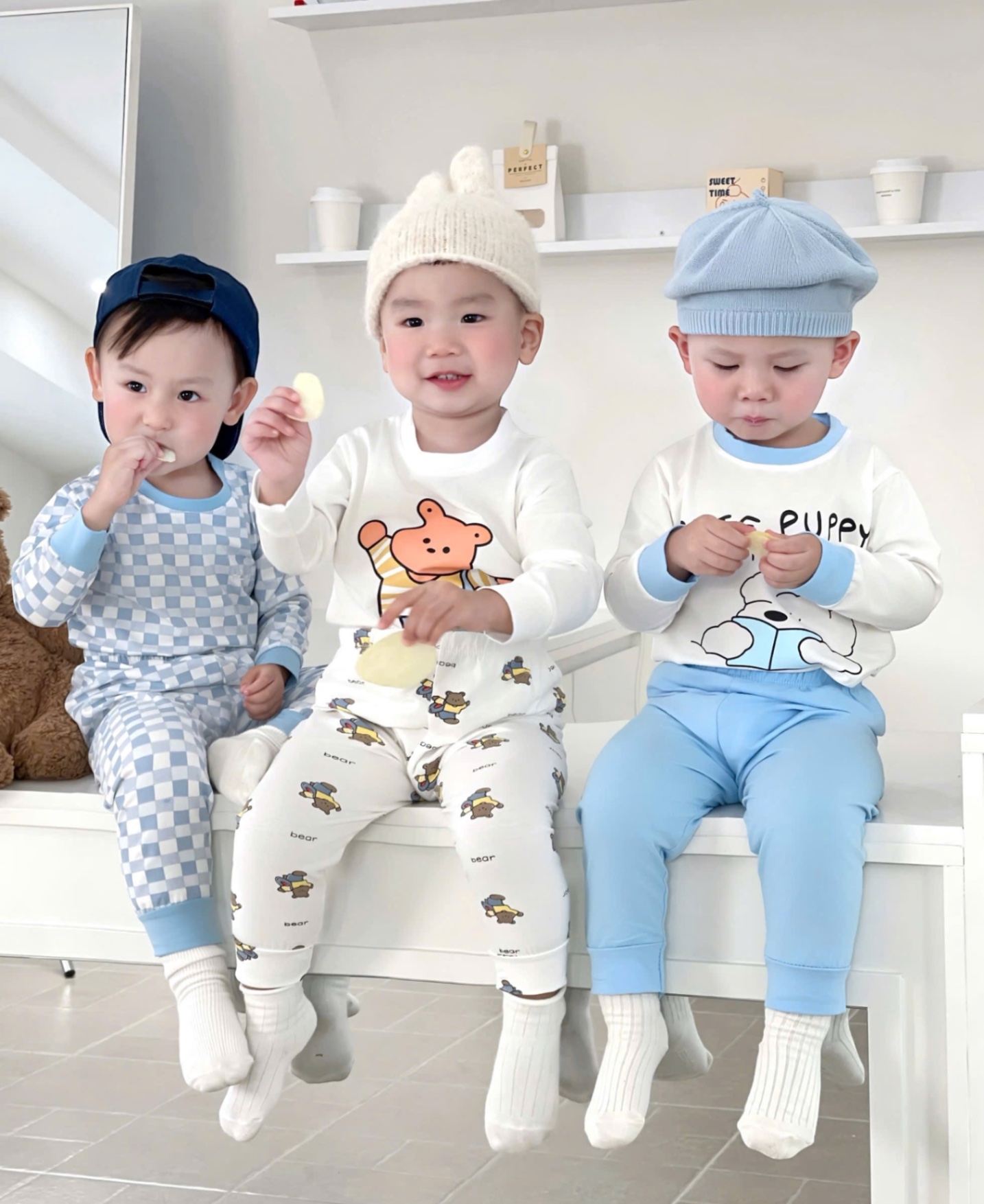 T950 - SET 3 BỘ BÉ TRAI DÀI TAY GẤU PUPPY CARO xanh trắng