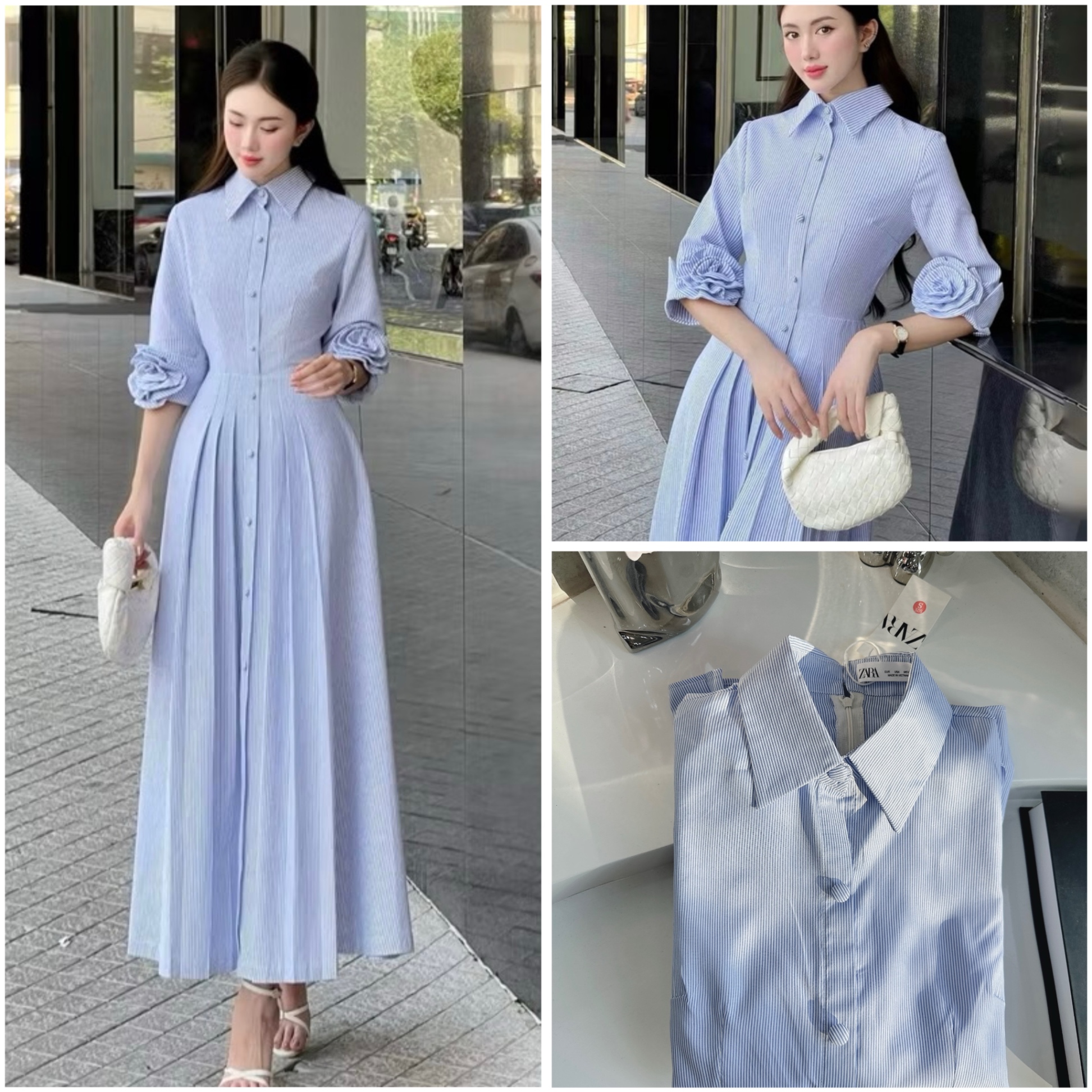 V487 - VÁY SƠ MI XANH SỌC CÚC BỌC TAY ĐÍNH HOA