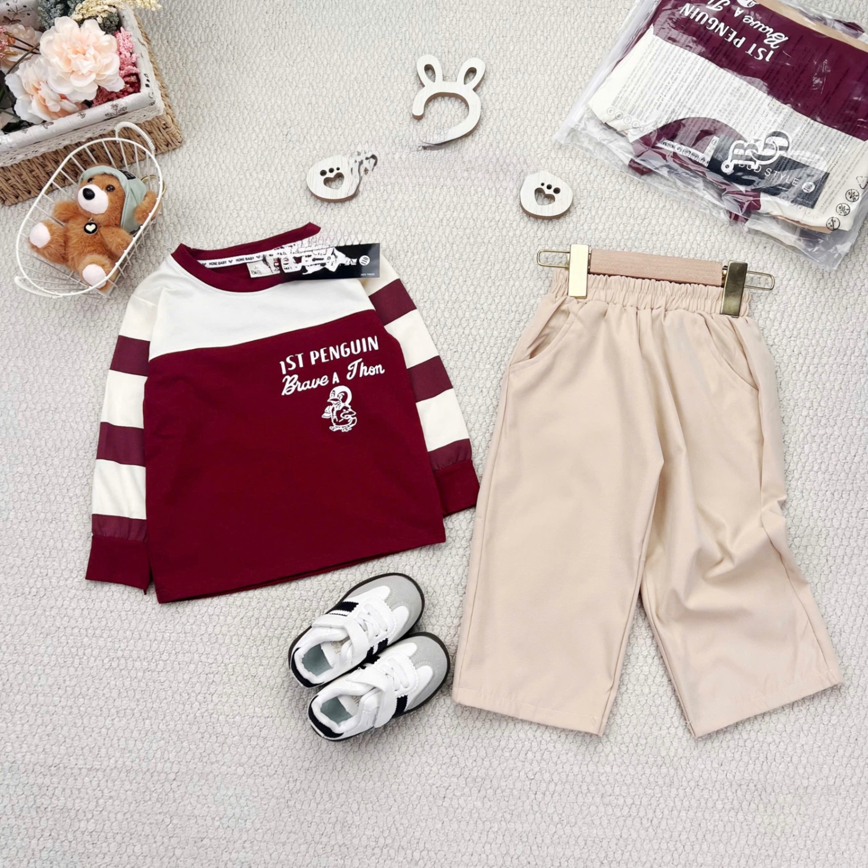 T941 - BỘ BÉ TRAI DÀI TAY ÁO ĐỎ PHỐI BE PENGUIN QUẦN BE