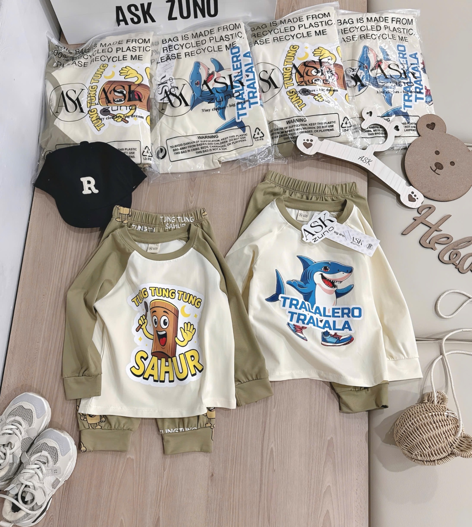 T944 - SET 2 BỘ BÉ TRAI DÀI TAY TUNGTUNG TRALA BE QUẦN RÊU