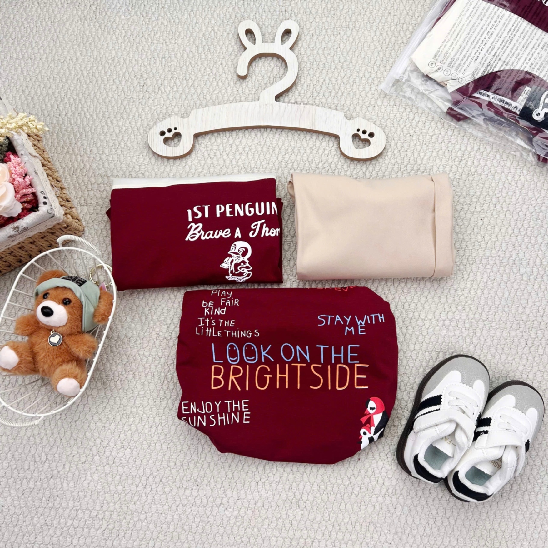 T941 - BỘ BÉ TRAI DÀI TAY ÁO ĐỎ PHỐI BE PENGUIN QUẦN BE